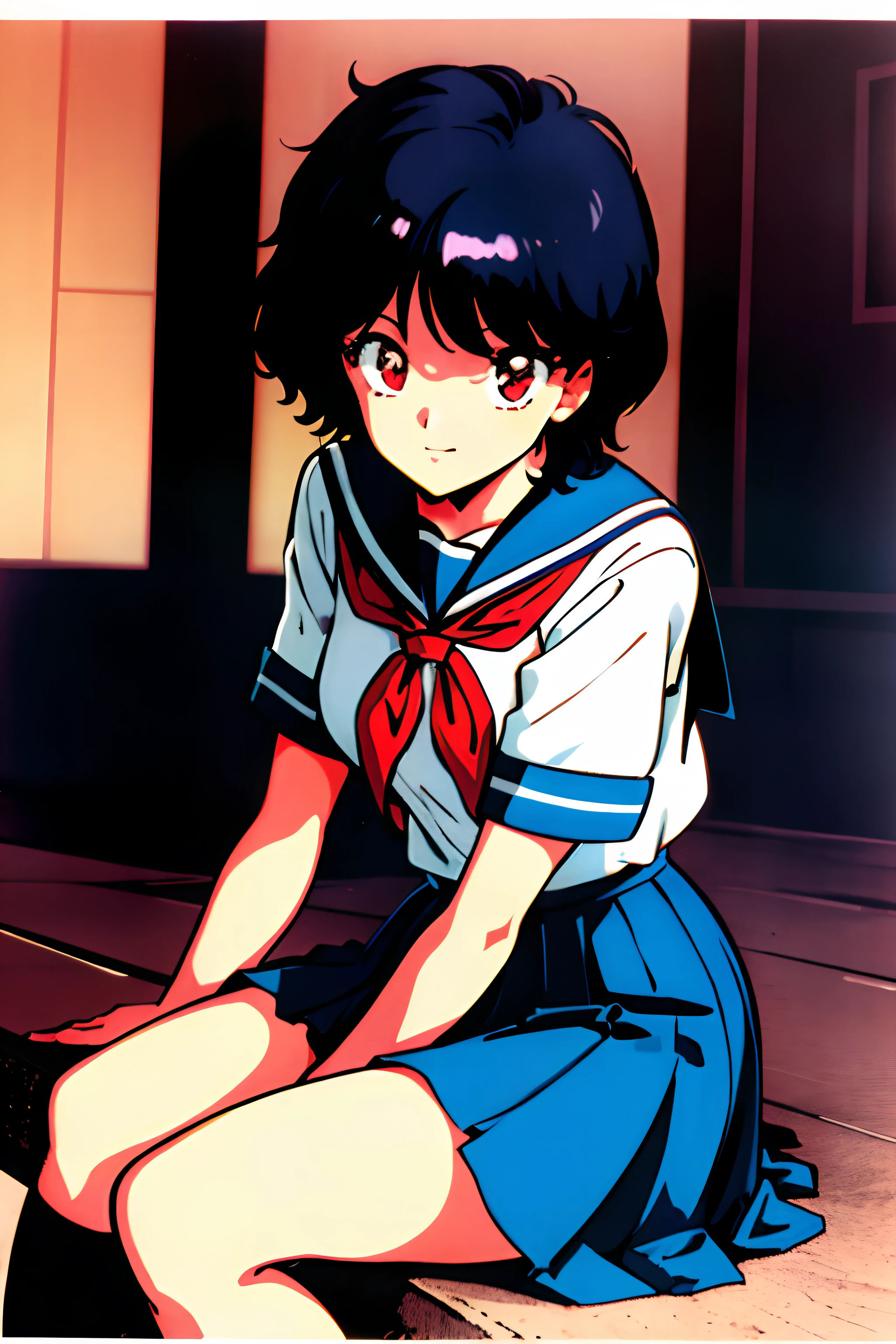 1980s \(style\), (masterpiece, best quality:1.3), 1girl, black hair, Short Hair, Red Eyes, Cute, school uniform