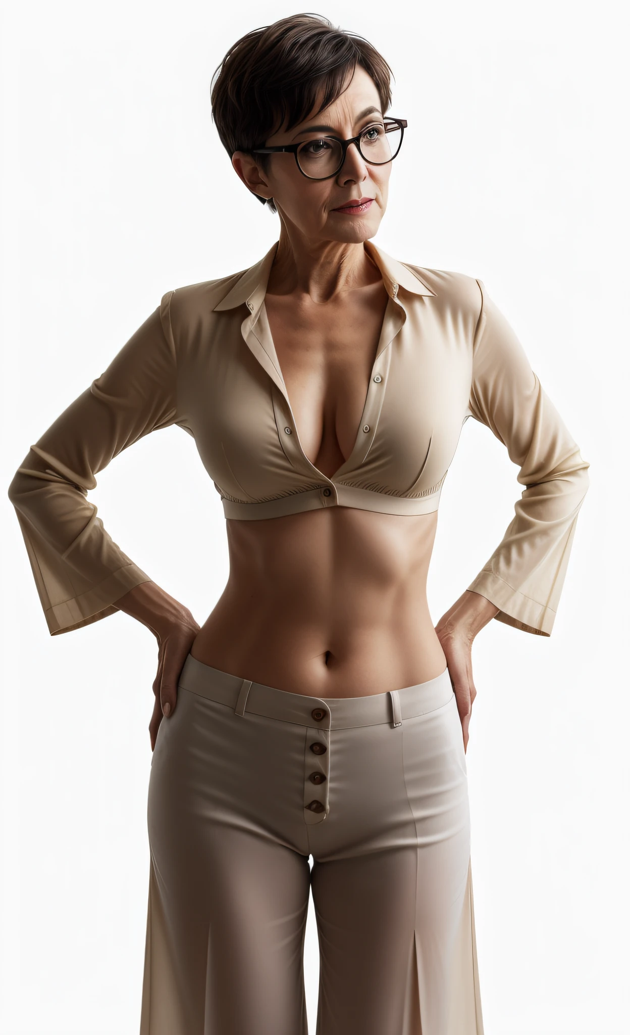 overly succinct clothed bespectacled cheeky aged elderly older mature nerd self-confident lady boss brazenly wears unbuttoned yellow silk fit stretched overly skimpy midriff-shirt with higher neck and short sleeves and with deep unglued V-neck pinned by one only button, extremely low rise very wide leg classic ivory white trousers, short shaved mature French madam dark hair-cut, drop-shaped overly big deep belly-button, exceedingly broad sultry hips! hourglass slim thin figure!