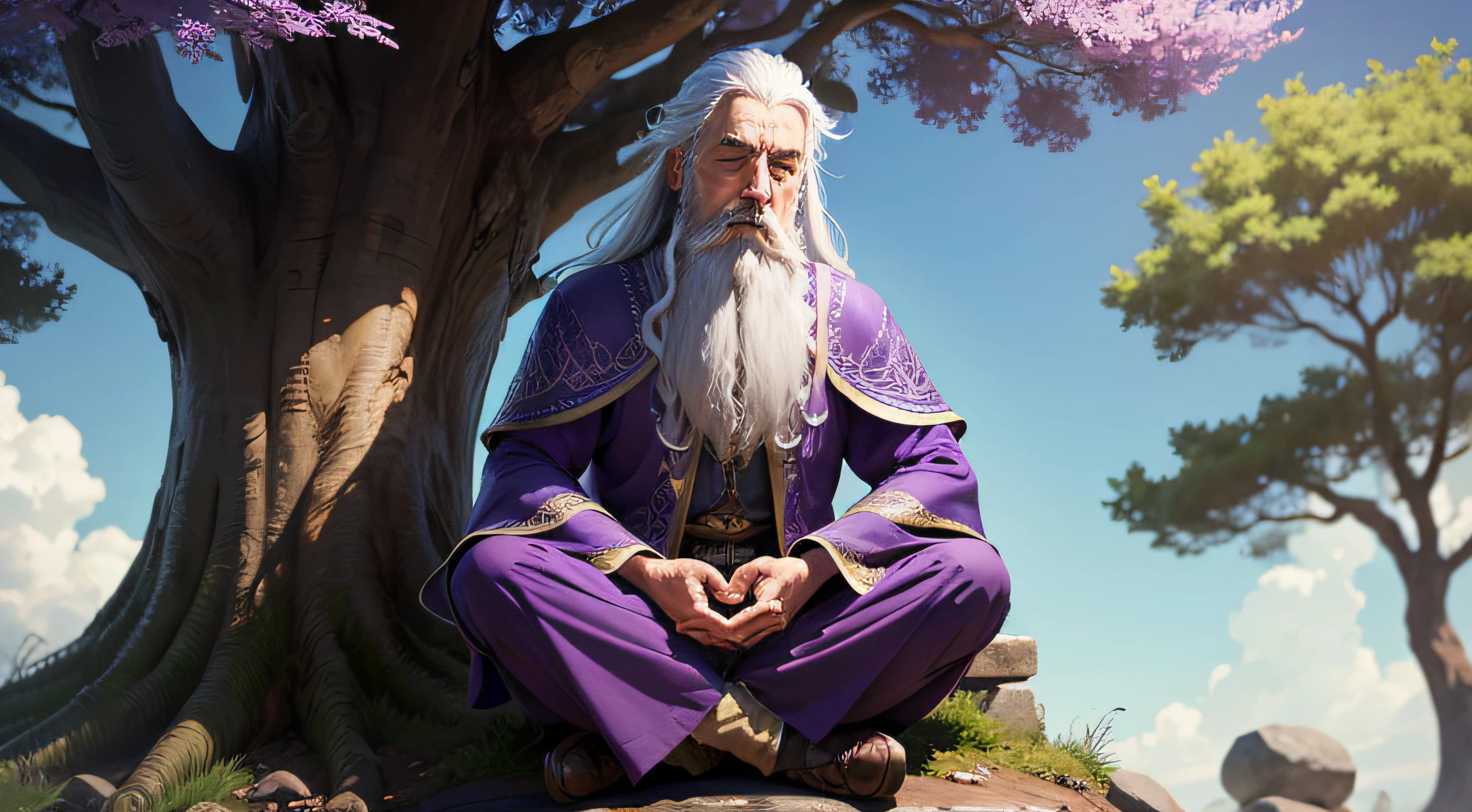a wizard in purple clothing and a beard and white hair, sitting meditating under a tree