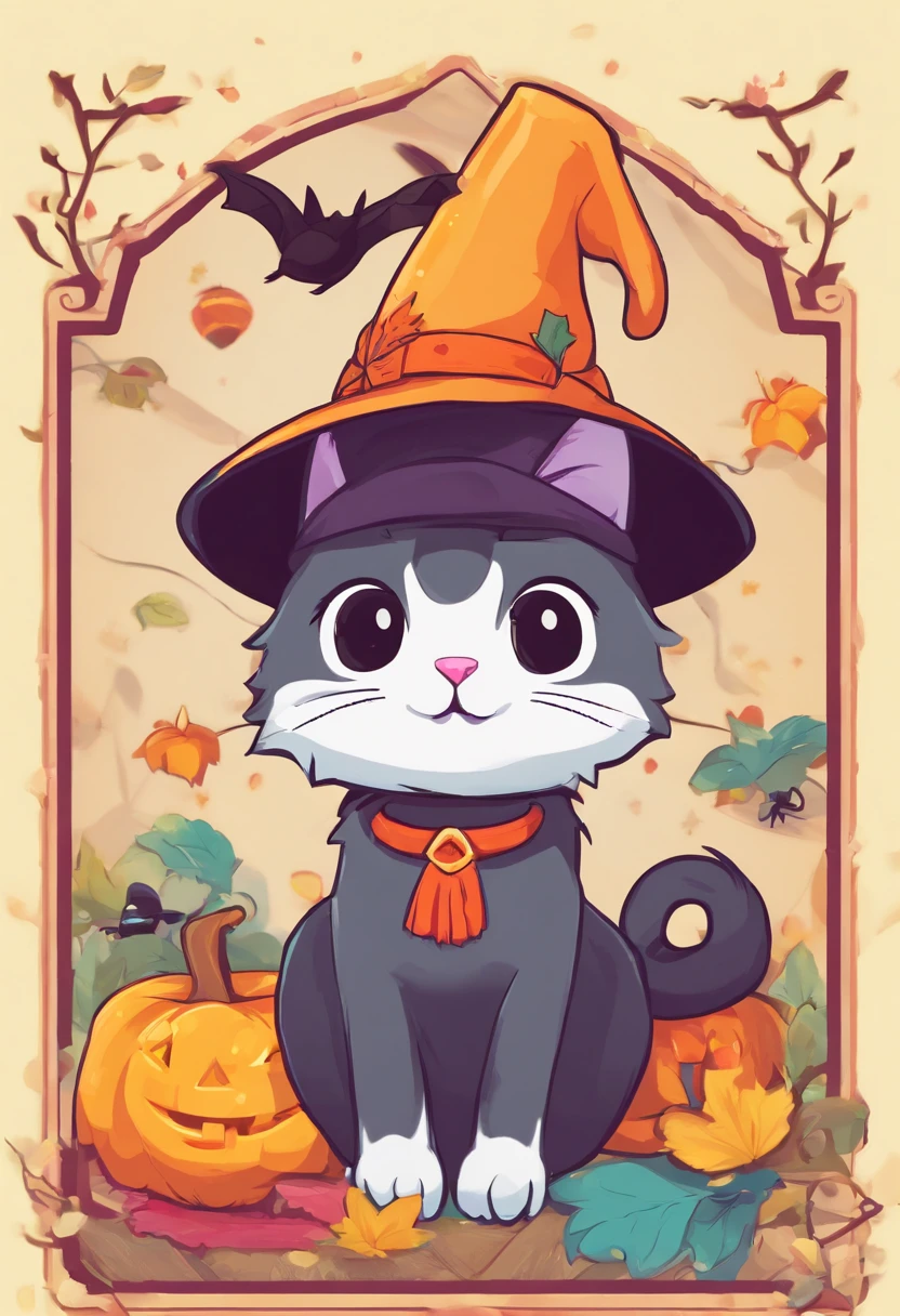 Halloween, Blackcat wear witch hat, sticker design, simple, illustrative, cute,