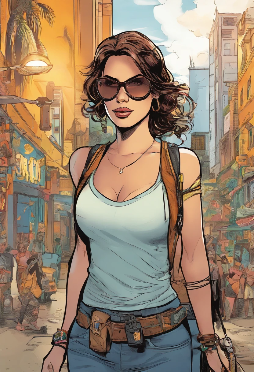 Femme Colombienne, cheveux long noir , style Lara Croft avec des lunette de soleil ronde