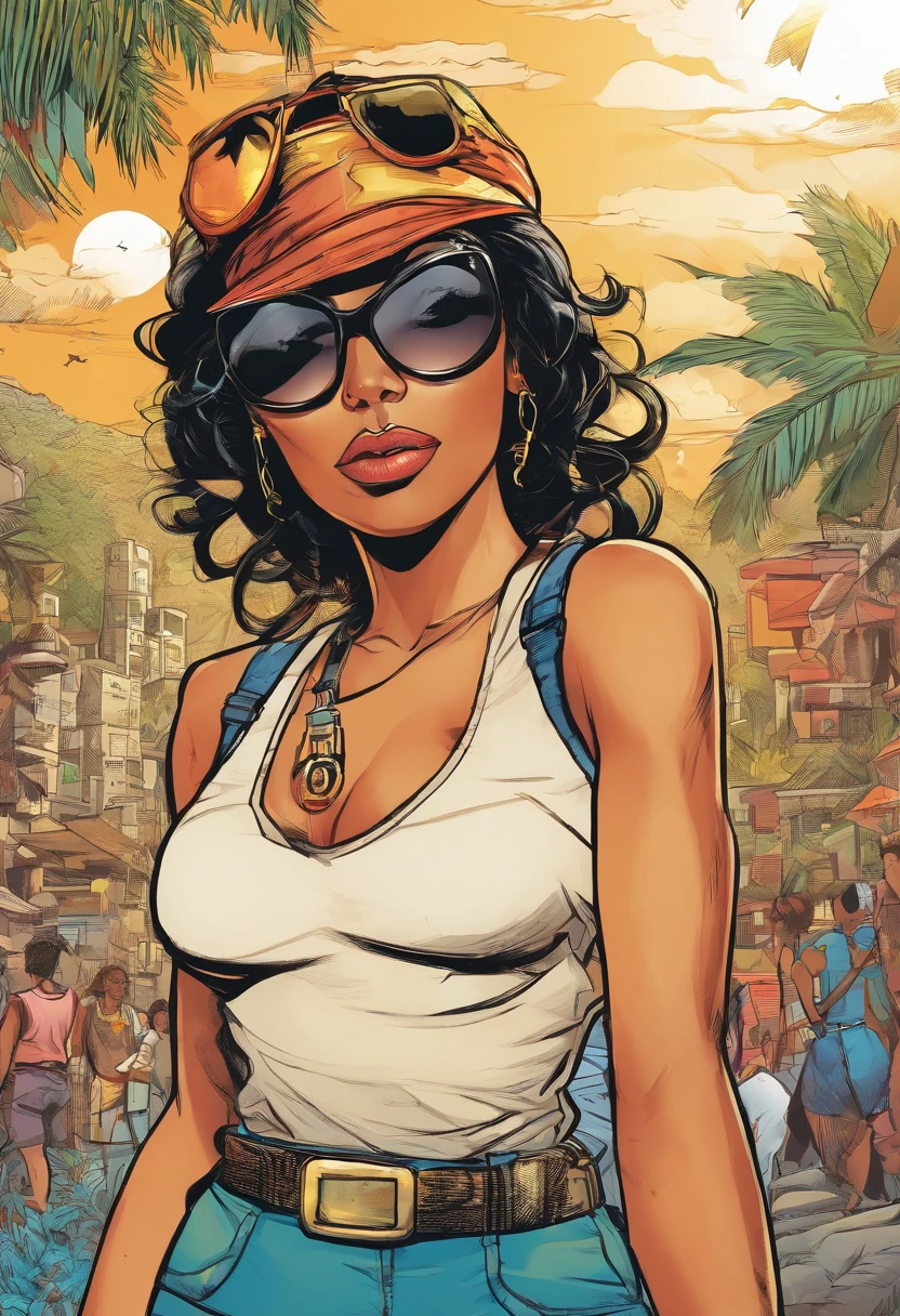 Femme Colombienne, cheveux long noir , style Lara Croft avec des lunette de soleil ronde