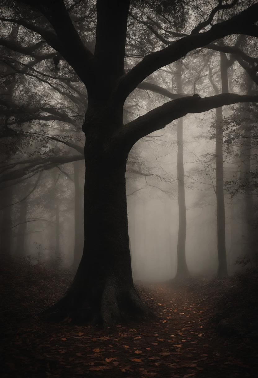 (best quality, highres, ink on paper:1.2), dark forest, pumpkin with a carved face, foggy atmosphere, gloomy hollow, moonlit shadows, mysterious glow, eerie ambiance, hauntingly beautiful landscape, detailed textures, twisted branches, vibrant colors, chilling silence, a touch of mystery, spooky vibes