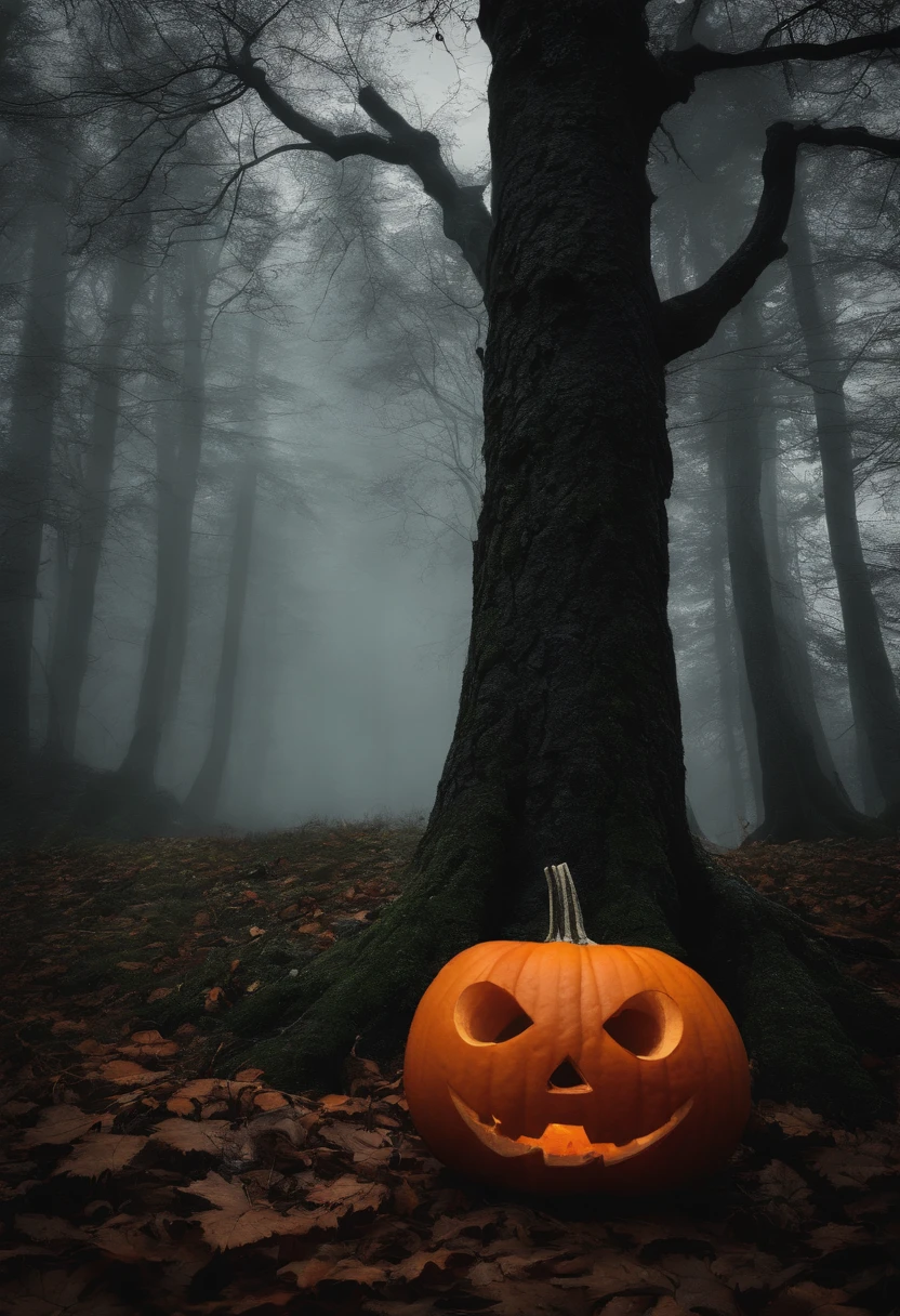 (best quality, highres, ink on paper:1.2), dark forest, pumpkin with a carved face, foggy atmosphere, gloomy hollow, moonlit shadows, mysterious glow, eerie ambiance, hauntingly beautiful landscape, detailed textures, twisted branches, vibrant colors, chilling silence, a touch of mystery, spooky vibes
