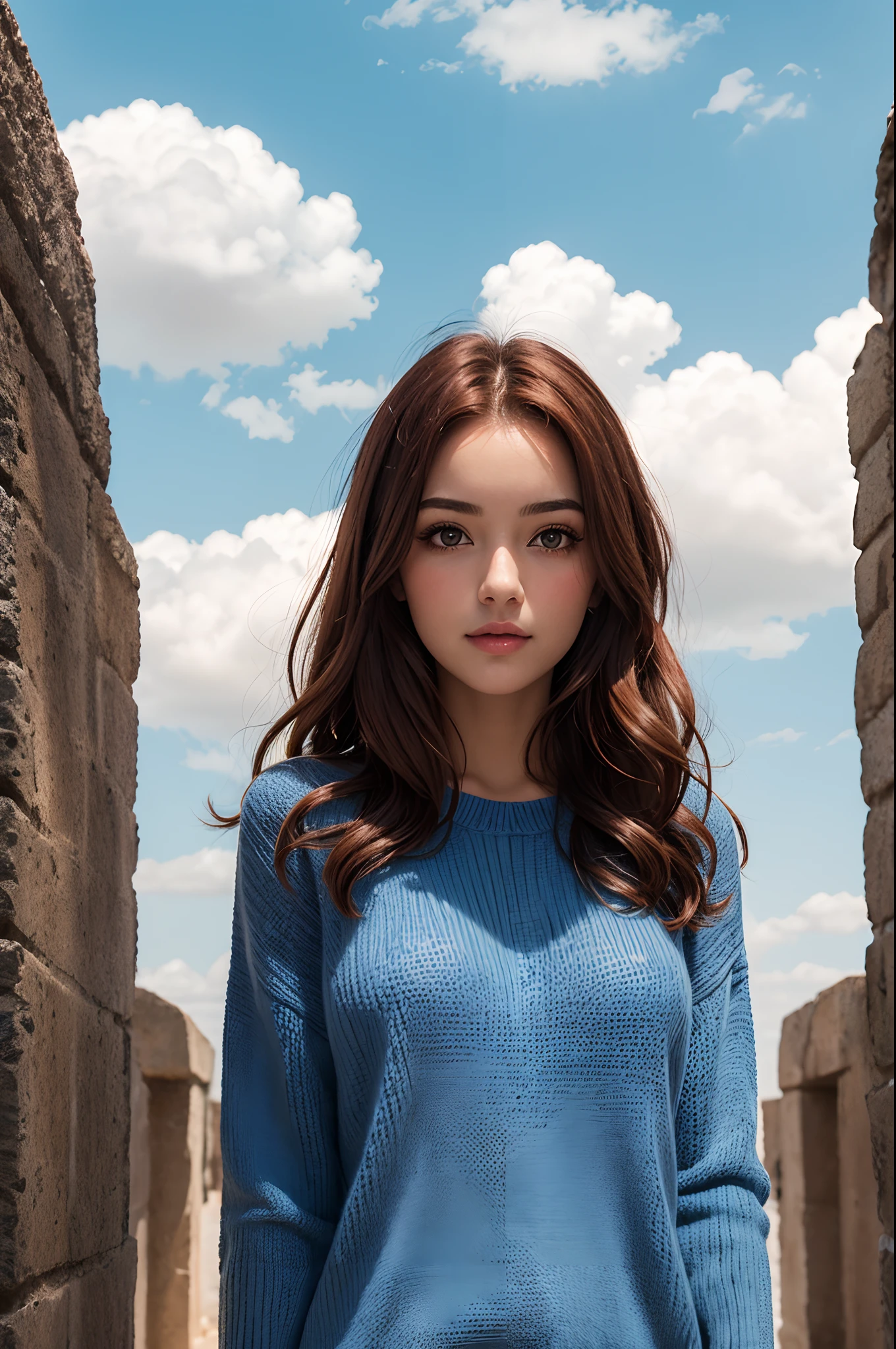 very beatiful girl, Bright brown eyes, Long, long red hair, ogle, blush on cheeks, Long knitted sweater in black, blue skies, clouds, a lot of bright hieroglyphs