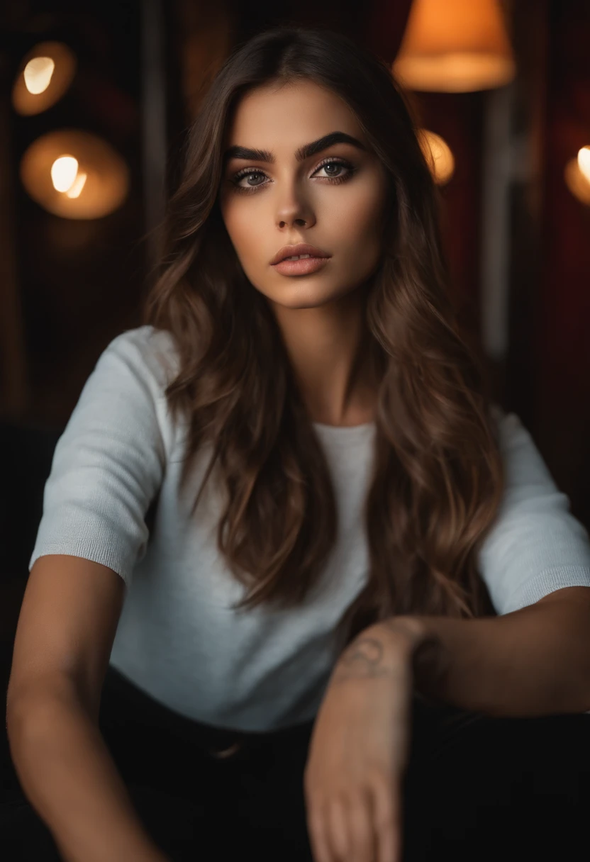 Arafed mujer con camiseta sin mangas y pantalones negros, Chica sexy con ojos marrones, Retrato Sophie Mudd, brown hair and large eyes, Selfie de una mujer joven, Violeta Myers, sin maquillaje, Maquillaje natural, staring directly into camera, Cara con Artgram, maquillaje sutil, Gran foto de cuerpo entero, en una discoteca, escote, Rockero y rebelde