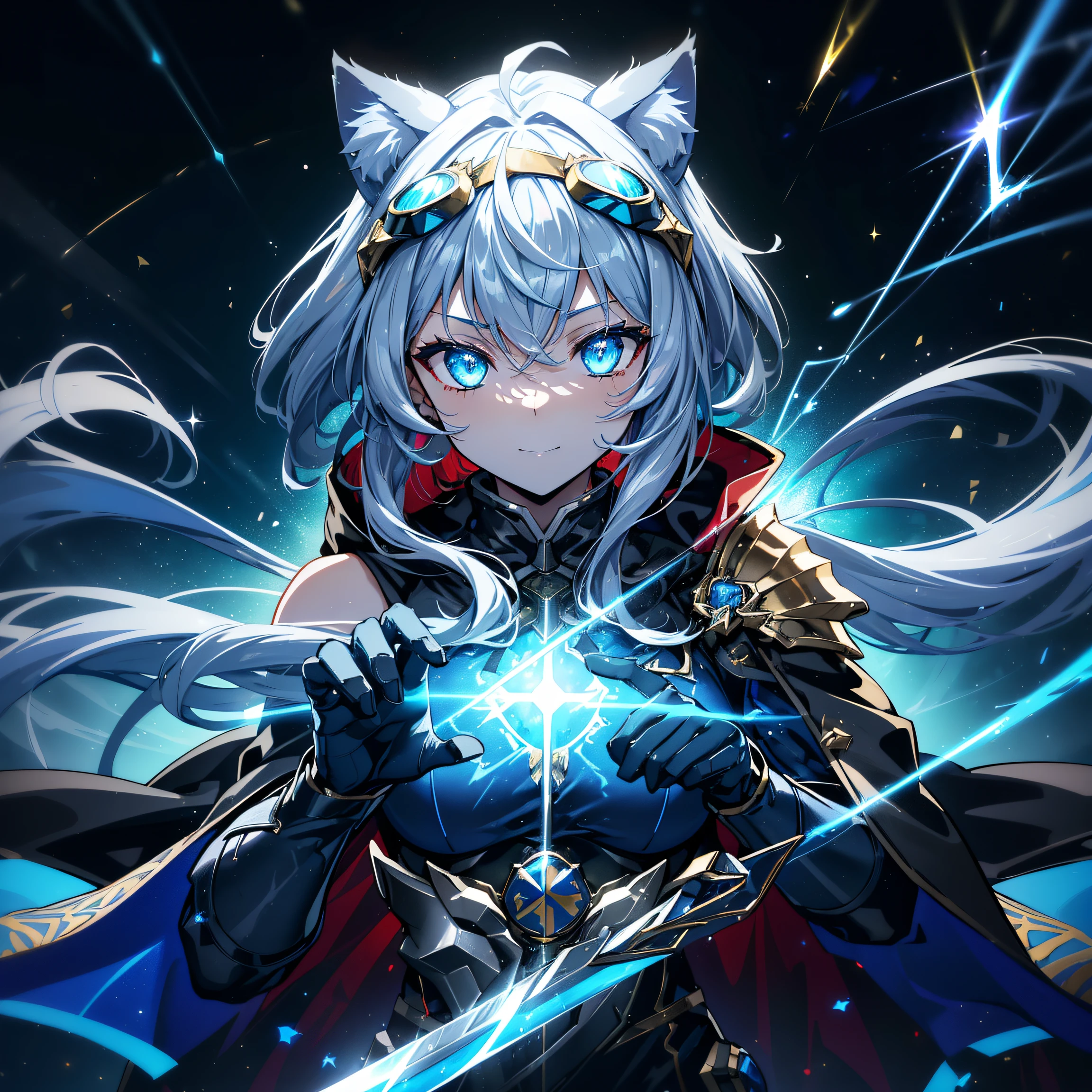 (She has cat ears:1.3),(Blue eyes in the starry sky:1.3),(Face Focus:1.3), (Wear detailed blue goggle-shaped goggles on your head:1.4),(sad:1.3),(Happy expression:1.3),(A smile:1.3),(Otome Knight:1.3),(long gray hair with bright details,:1.3), (hair messy:1.3), (Magic knight wielding fire torpedoes:1.3), (perfectly detailed eyes:1.3),(Adult leeway:1.3),(Battle angles that unleash the magic of flames from your hands:1.3),(dance:1.3),Her skin is pale,(Blue and white and gold war maiden costume:1.3),(small tit:1.5),(Blue military uniform jacket with red straps on shoulders and back:1.3),(Black and gold and red pirate suit:1.3),(Blue Lightning Brave Sword:1.3),She is a war maiden,Emitting an aura of light,(Face Zoom:1.3),Highest Quality, (Gripping the silver sword accurately:1.3),(Many blue glowing blades fly around her:1.3),Complex castle town,Lens Flare, Big rainbow,The moon shines,money, bloom, ((light glow)), chromatic abberation], Digital Painting, Insane details, Intricate details, Beautifully color graded, Anime Clothing,Unreal Engine, Cinematic , colour grading, Editorial Photography , Photography, Kiss Shot, Canon 5D Camera Photography,Shot on 70mm lens, Depth of subject, ultra sharpness, nffsw, octane, Unreal, Dramatic light, Global Illumination,Motion Picture Film,rainbow,lensflare,(Blue Cross and Shooting Star Aura Wave:1.3),(Blue military uniform cloak、Red string:1.3),(Agfacolor:1.3),(close portrait:1.3),(Feminine:1.4),(Beautiful:1.4),(Attractive:1.3),Move an angle,Themed Background,