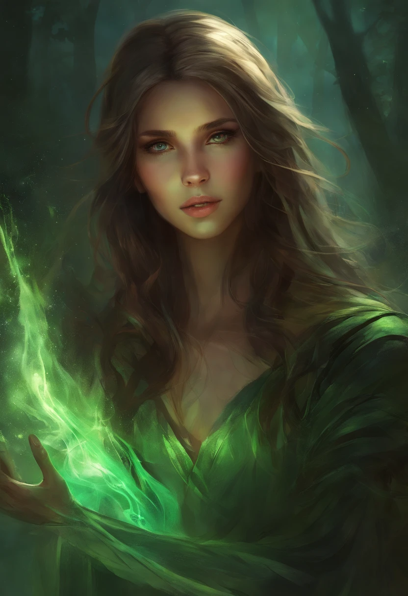 1girl, rosto, medium brown hair, olhos verdes, veStir jaqueta preta de couro, sentimento (raiva, Hatred), Dark scenery with fantasy shadows sticking out of your fingers
