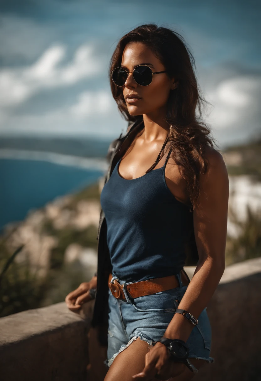 Femme Colombienne, cheveux long noir , style Lara Croft avec des lunette de soleil ronde