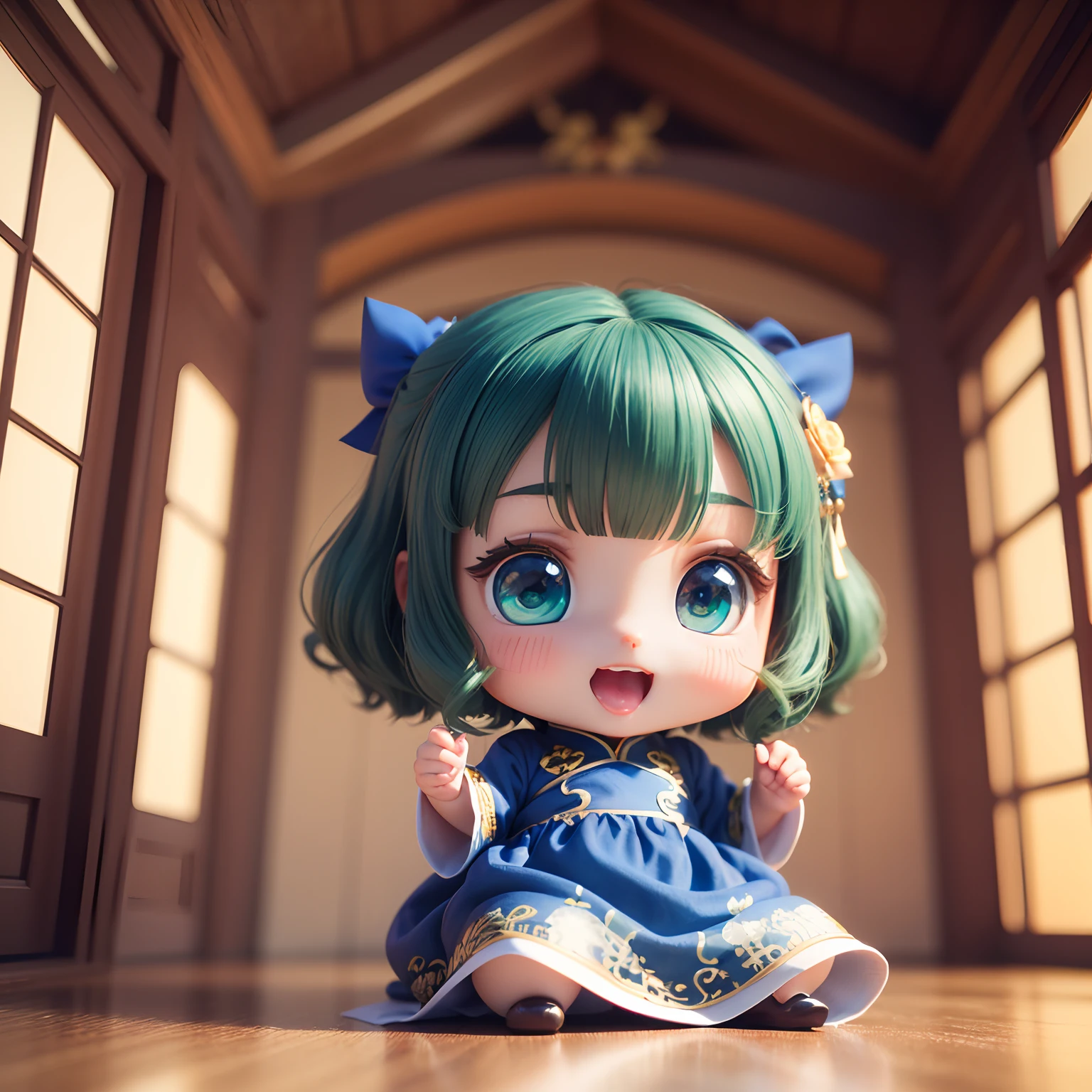 Cute Baby Chibi Anime、(((chibi3d))) (best quality), (masterpiece)、Princess Chibi、Open your mouth and smile、Small face、petite body、Dark green hair color、(Blue Chinoiserie Dress:1.4)、Blue pin heel with ribbon、Fairytale Autumn Forest