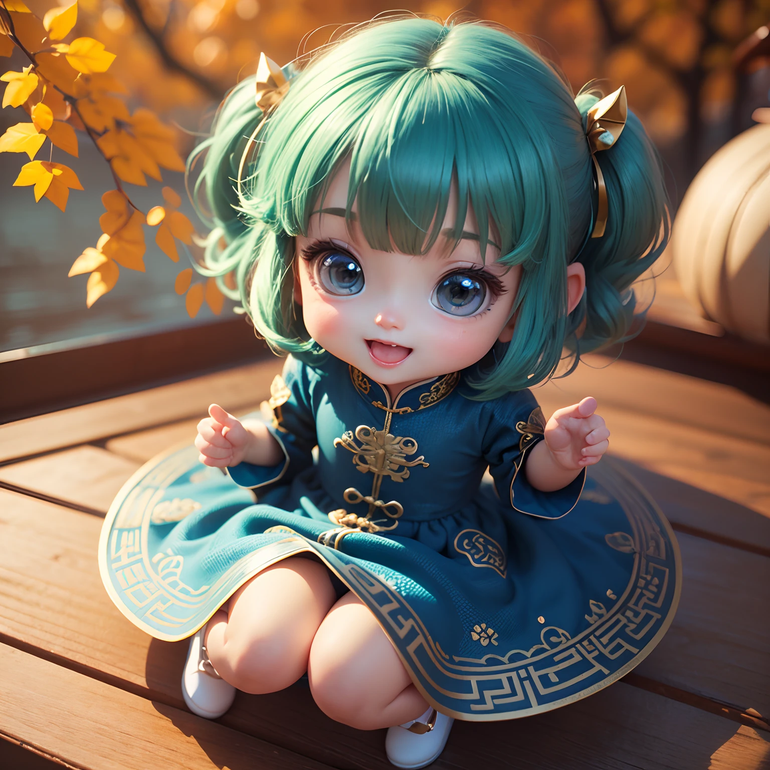 Cute  Chibi Anime、(((chibi3d))) (best quality), (masterpiece)、Princess Chibi、Open your mouth and smile、Small face、petibody、Dark green hair color、(Blue Chinoiserie Dress:1.4)、Blue pin heel with ribbon、Fairytale Autumn Forest