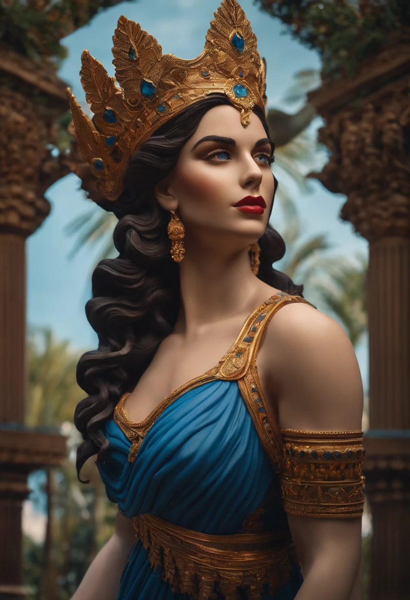 Crea una imagen inspiradora en 8K que represente a La Venus ,Fuerte, Mirando a un lado, Inmortalizado como una estatua de busto, Single-bust statue, con detalles minuciosos, con fondo azul