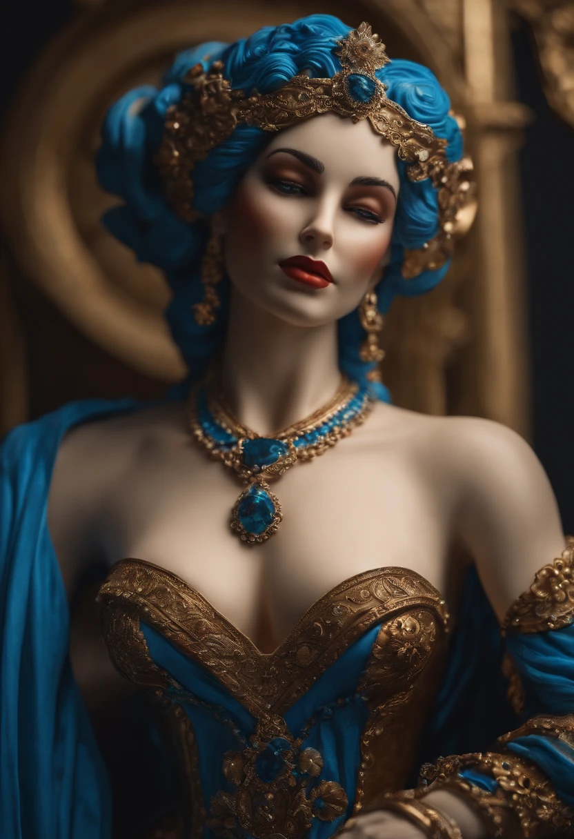 Crea una imagen inspiradora en 8K que represente a La Venus ,Fuerte, Mirando a un lado, Inmortalizado como una estatua de busto, Single-bust statue, con detalles minuciosos, con fondo azul