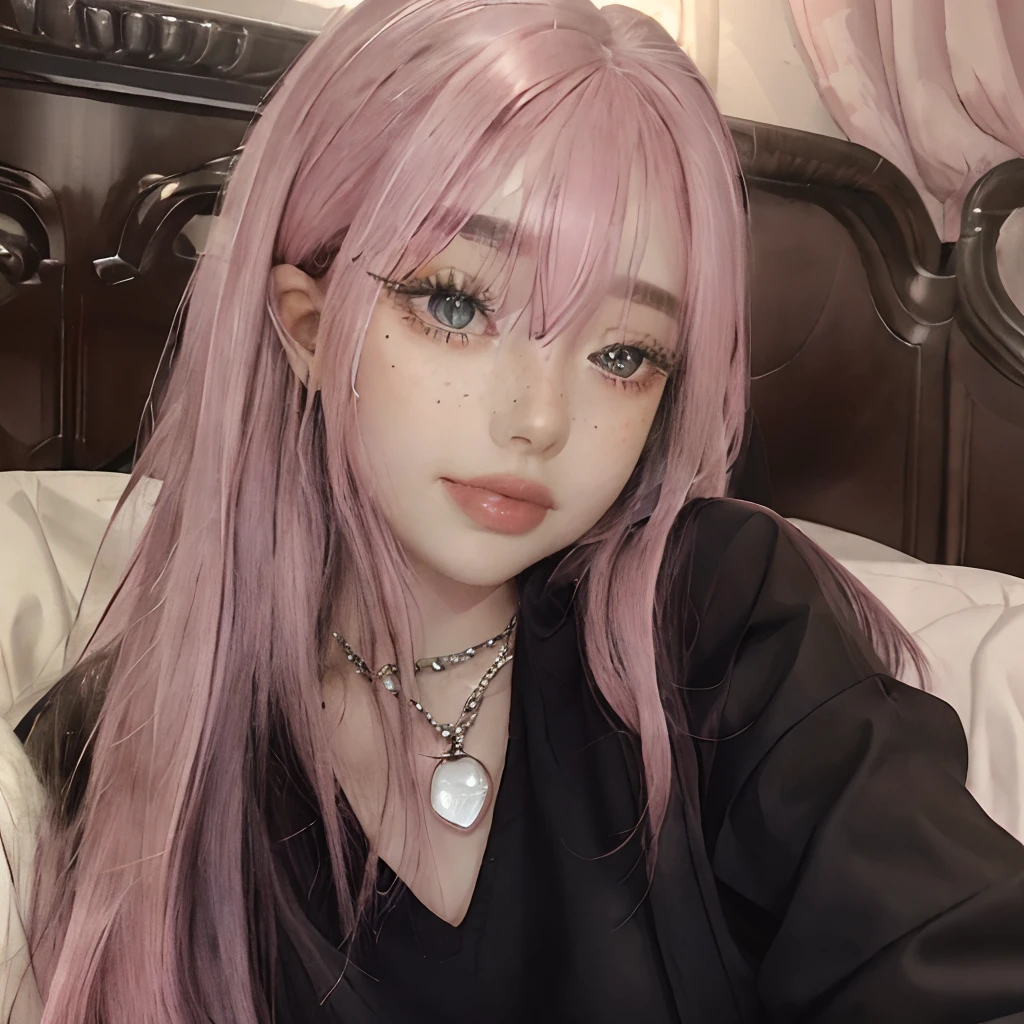masterpiece, best quality,realistic,absurdres,1girl,looking at viewer,long hair,egirl_outfit,egirl_face, night, pink hair, bedroom, computer, face detail, face retouch, shy smile, freckles, beautiful lighting, lying on bed, full body