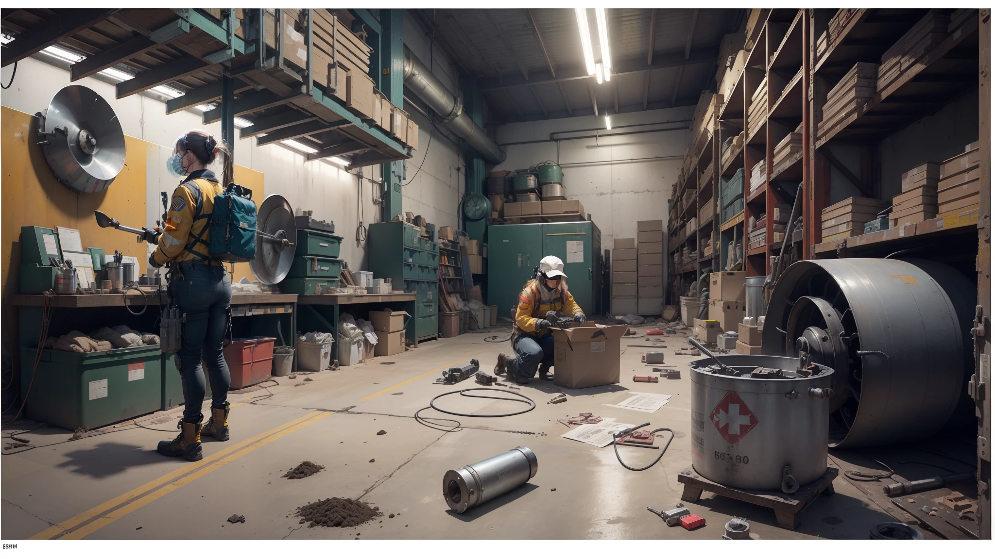 masterpiece, high quality, ultra-detailed, illustration, 1girl, solo, shiny, reflective, latex, work clothes, sexy, body, squat, work shoes, messy, industrial, high heels, black, red, silver, metal, gloves, goggles, protection, equipment, machinery, tools, sparks, dirt, exhaust, pipes, instruments, dials, buttons, instrument, dial, buttons, instrument, hydraulic system, grinding system, crane, pulley, welding, fire handle, drill head, saw, hammer, screwdriver, wrench, pliers, wrench, tool box, fire extinguisher, first aid kit, ventilation, Pipes, lights, emergency exits, warning signs, warning tapes, posters, calendars, coffee cups, dirty items, workbenches, storage bins, shelves, trash bins, lockers, safety vests, earmuffs, masks, respirators, smoke, smoke, smoke, debris, concrete floors, concrete walls, metal beams, rivets, bolts, screws, nuts, gaskets, hooks, chains, ropes, hooks, lubricants, bearings, liquids, solvents, adhesives, lubrication, maintenance, overhaul, overhaul Upgrades, installation, assembly, manufacturing, customization, prototyping, research, development, testing, quality control, inspection, certification, compliance, Regulations, standards, efficiency, productivity, innovation, excellence, satisfaction, teamwork, dedication, professionalism, empowerment, diversity, equality, respect, safety culture, industrial fashion, sci-fi, cyberpunk, dystopia