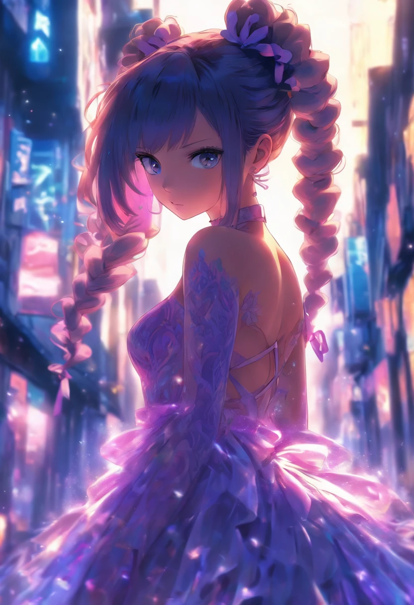 1girl,alta resolução,  Hiqualidade,  master part, mxmk Vestido transparente,  ombro nu, olhos violetas, vestido decotado, pigtail, Choques, castelo, looking behind, corpo inteiro, see  through the dress, vestido muito curto