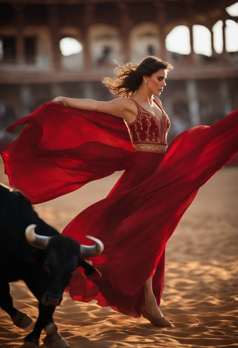 beautiful 20-year-old Italian woman, perfect body, waist-length brown hair, red dress with a very open neckline, close to the torso and wide skirt open on the right leg, bullfighting with her skirt in an elegant pose, at an imposing black fighting bull with long and very white horns running to her in a rodeo as a location, very out of focus background, 500mm lens,