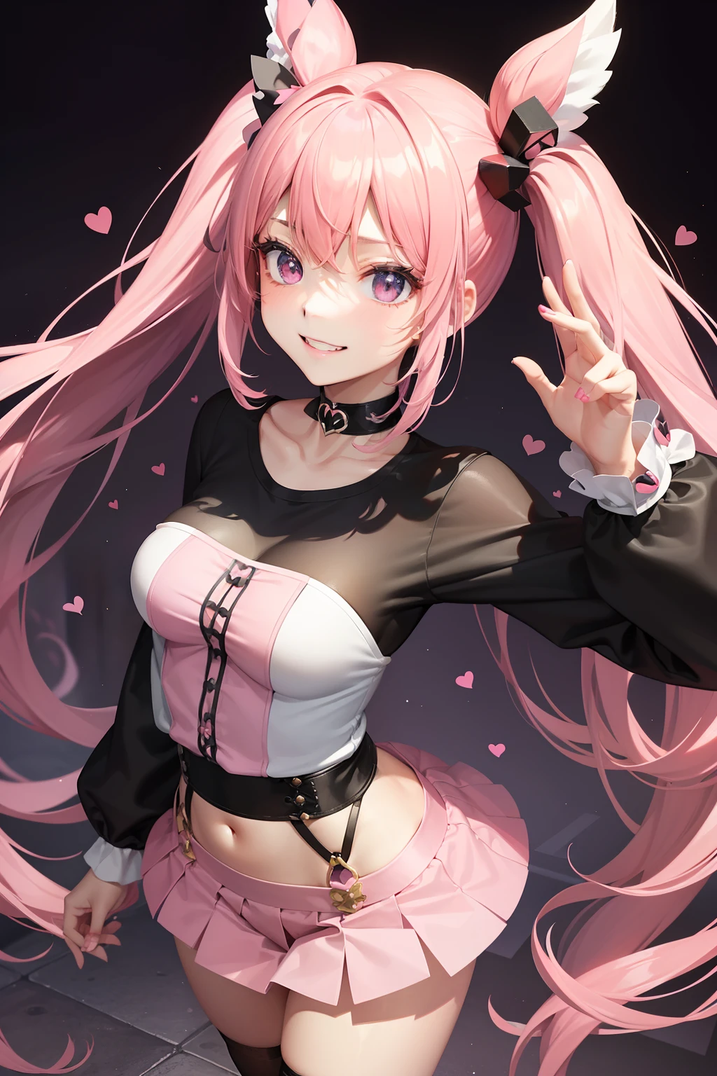 Black and pink hair color, pink eyes,sexy woman, cat ears, hearts, floating hearts, face only,  long hair, smiling, hair ornament, up close face, closed mouth smile, up closeface, hair bows, sexy body, pink outfits 