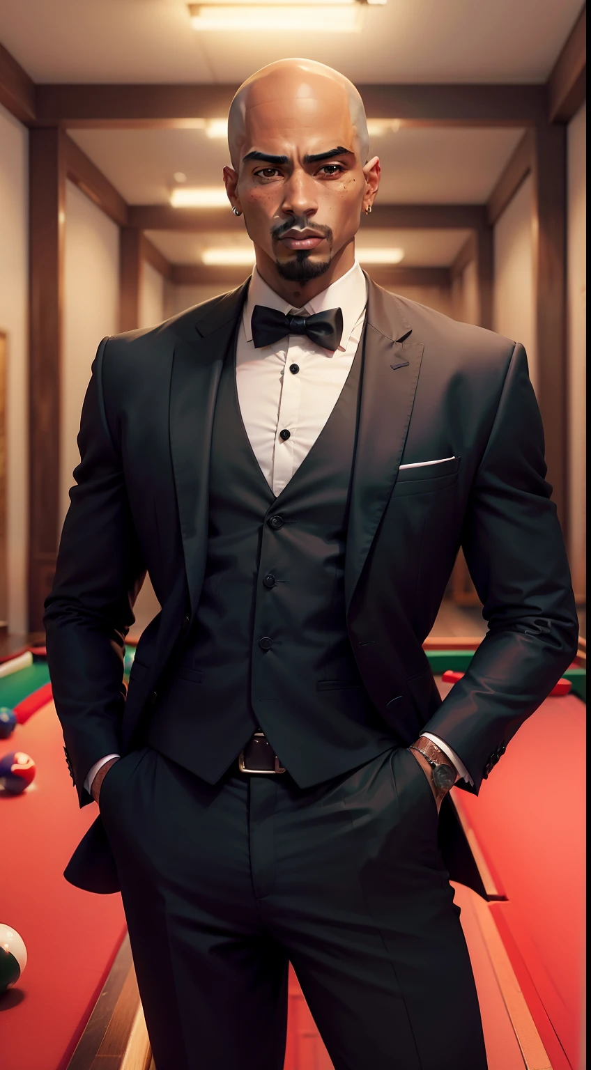 Jovem homem latino-americano, se parece com Tupac Shakur, careca, shaved head, wearing suit made with typical African fabric, capulana, in a billiard hall