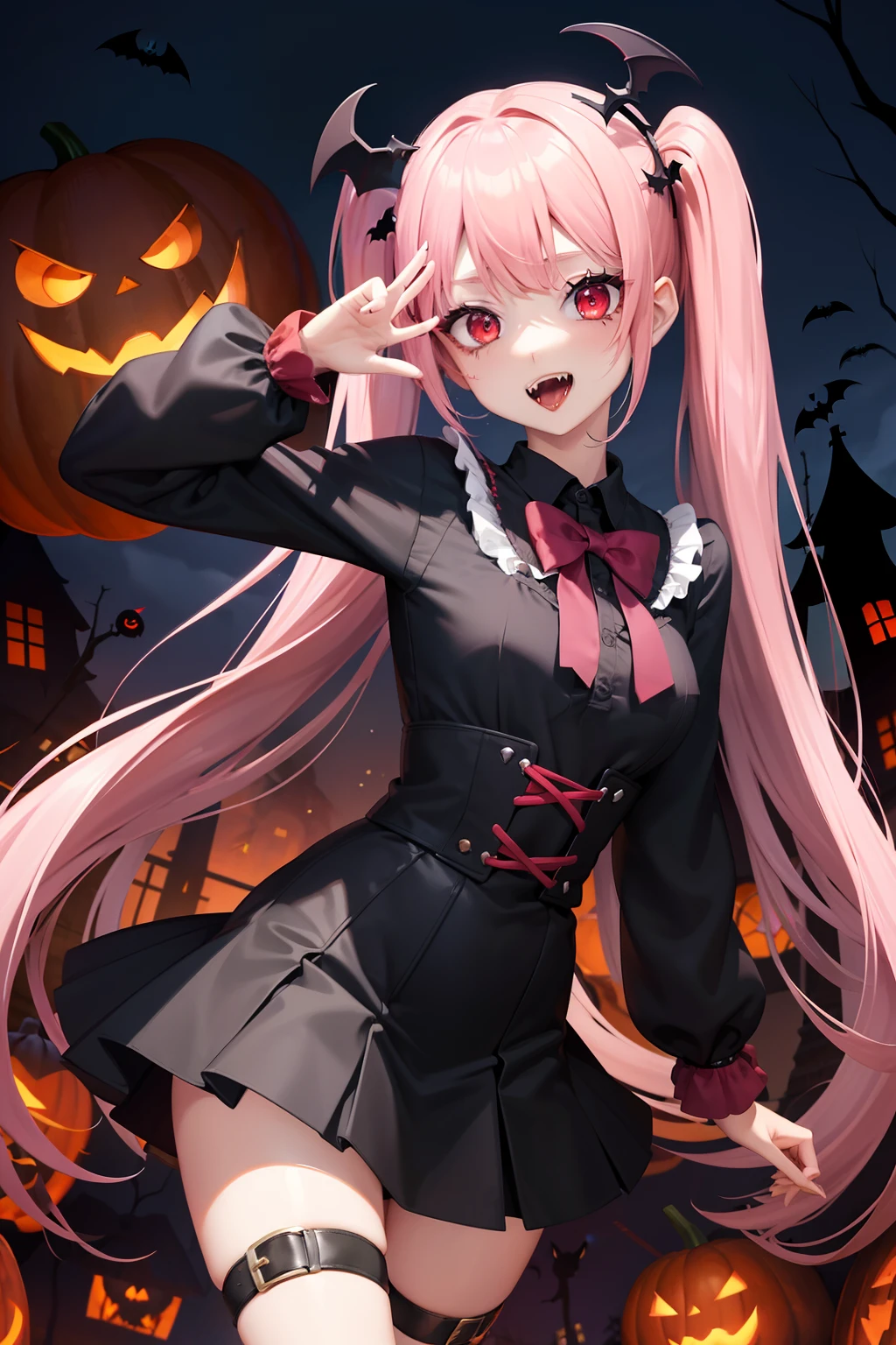Halloween , Vampire、a cool、a miniskirt, long hair with pink twin tails,,,,,,,,,,,,,, Looking at the viewer, Front view,Halloween Vampire Costumes、Sharp fangs、Red Eyes、Blood from the mouth、the bats、Vampire House、Pumpkin Obake、Obake