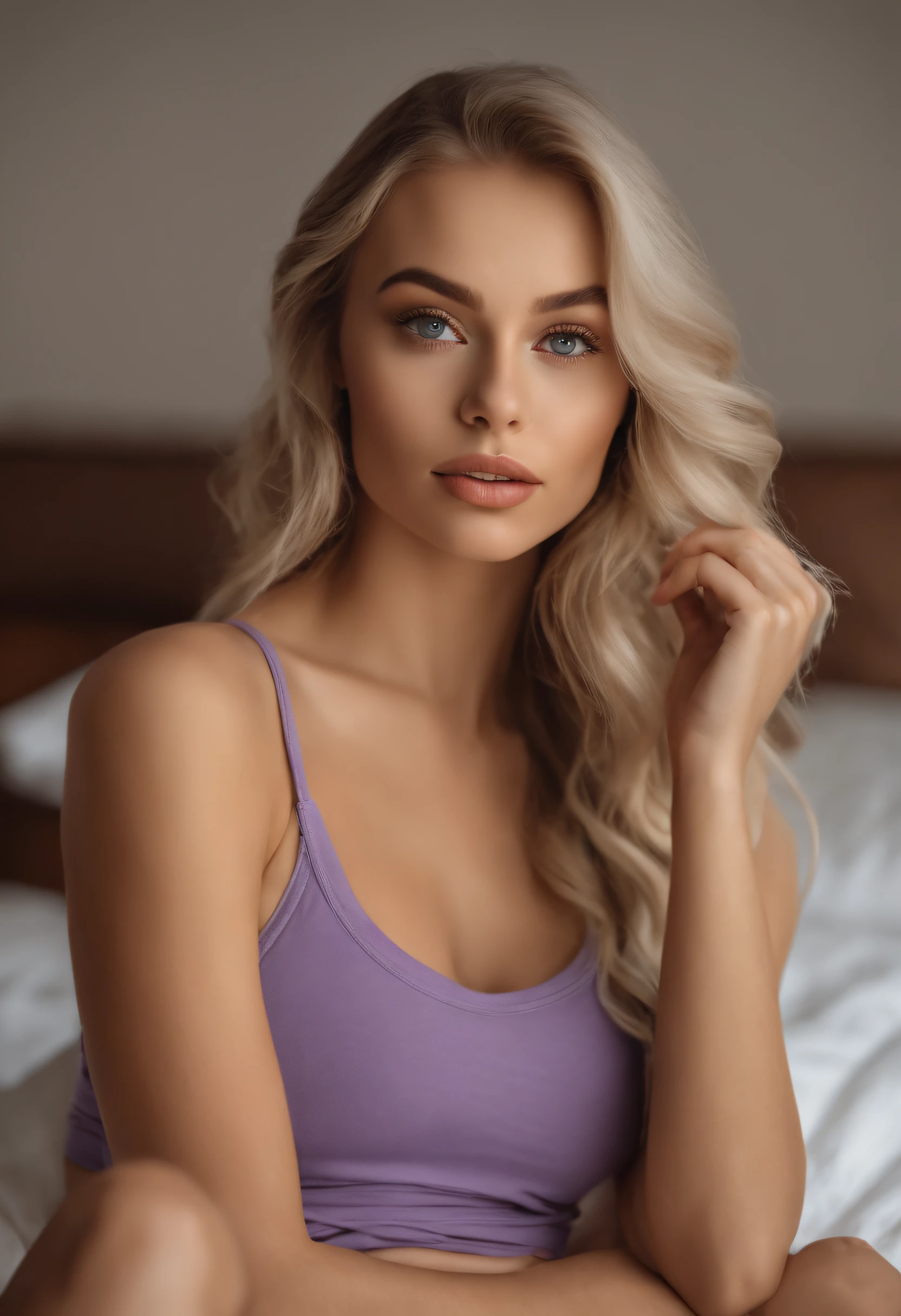 woman with matching tank top and panties, Sexy girl with blue eyes, portrait sophie mudd, portrait corinna kopf, blonde hair and large eyes, Selfie einer jungen Frau, Augen im Schlafzimmer, Violet Myers, ohne Make-up, Natural makeup, Blick direkt in die Kamera, Gesicht mit Artgram, dezentes Make-up, Stunning full body shot, im Schlafzimmer, Spaltung