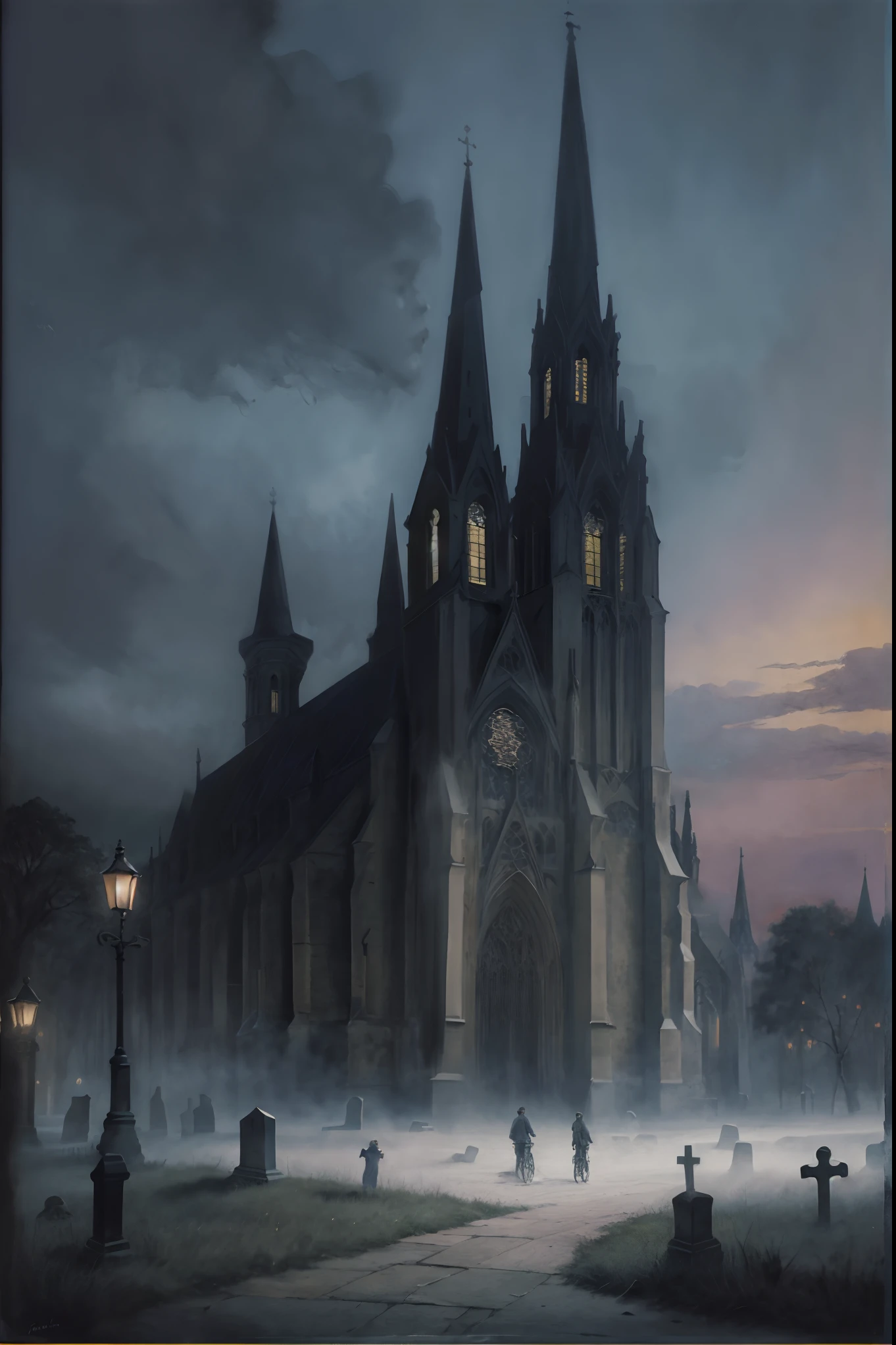 There is a painting of a Gothic church with a clock on it, gothic atmosphere, Dark Gothic cathedral, Gothic painting, cathedral, Gothic art, neo-gothic concept, Gothic Cathedral, Neo-Gothic art, with a cathedral background, Gothic church background, Gothic Fog, Detailed 3D Gothic Oil Painting, stefan koidl inspired, Dark Dark Church, gothic fantasy art, gothic art style,2boy,ride a bicycle,