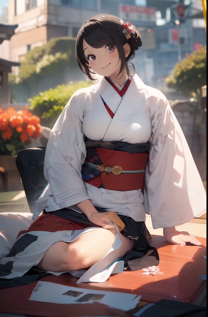 ultra-quality, ultla highres, Hyper Detailed, High contrast, superfine illustration, creative refinement, Smile, japanese kimono, Shift clothes to show cleavage,livingroom