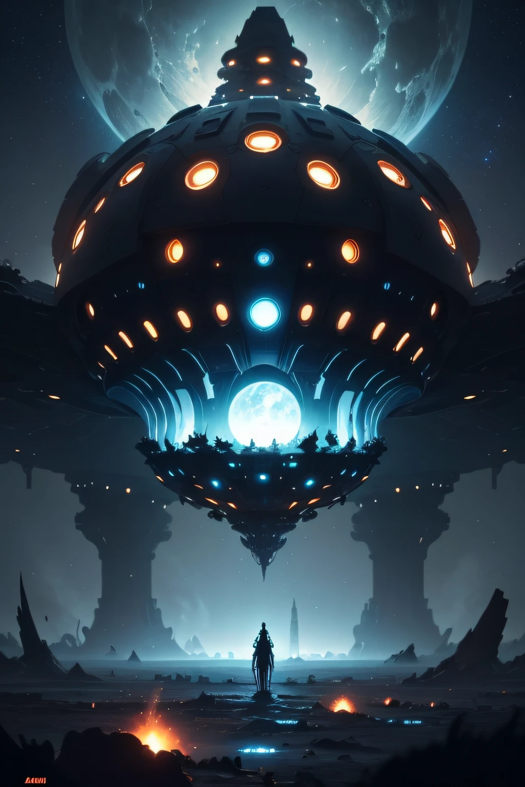 A giant darkness and ghostly mothership really detailed and futuristic alien try to eat a little planet, the ship has like a huge mouth with metal teeth and an incinerator, the pieces of planet are attracted into it. It's very futuristic and detailed. we are in the galaxy with other planets visible in the distance and a sun with eruptions