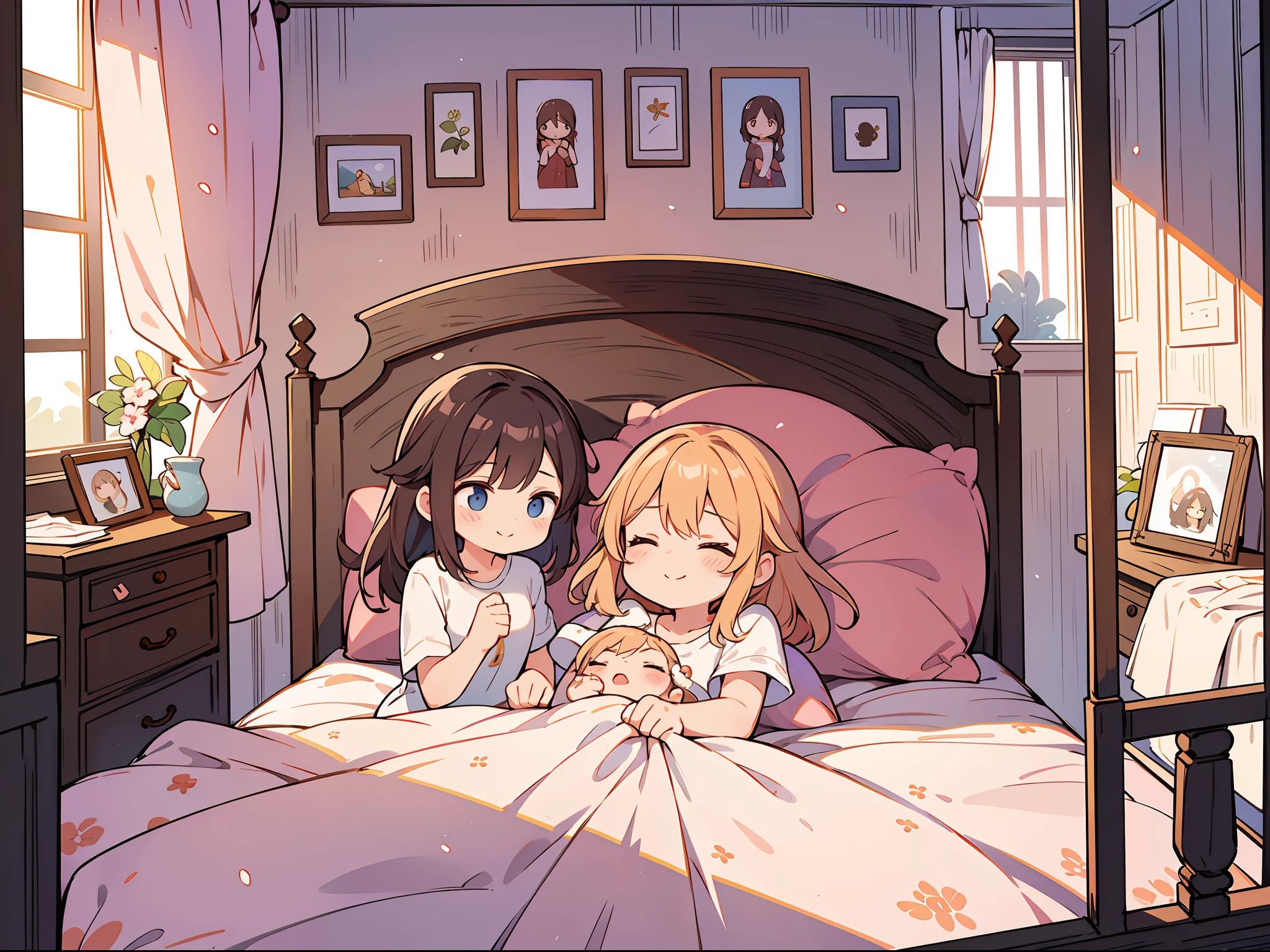흑발, 초현실주의, 8K, 슈퍼 디테일 ,a woman laying on top of a bed next to a man, shipgirls, full image, cardcaptor sakura, gape, military art, inspired by Dong Kingman, painting of, meaty, enb, and, very