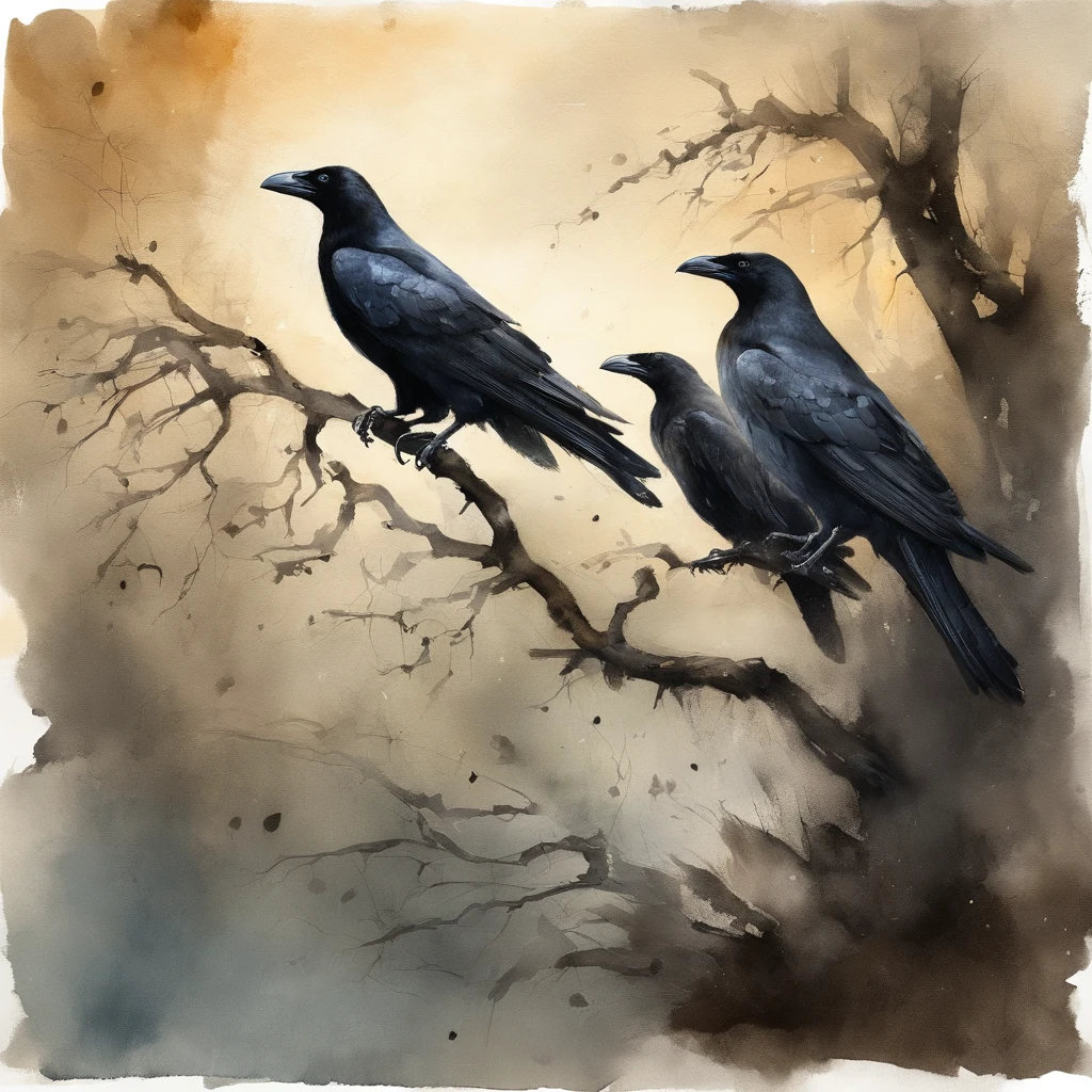Two crows in a dead tree, varios corvos na arvore, Golden mace near them, Noite estrelada, Thick fog on the ground, Luz azul no horizonte, Motor Unreal 5, cinemactic, Low-angle photography, motion blur, proFundidade de campo, dust, Cobblestones and dirt. arte splash, pingando tinta. Perfect color classification. inFluenciado por karel Appel e jeremy mann, Full of dramatic and threatening scenes, hiper-detalhado, Beautiful, detalhes insanos, detalhes intrincados, FotograFia Editorial, FotograFado com uma lente de 50mm, proFundidade de campo, Tilt Blur, Velocidade do obturador 1/1000, F/22. Mapas de luz, super brilhante