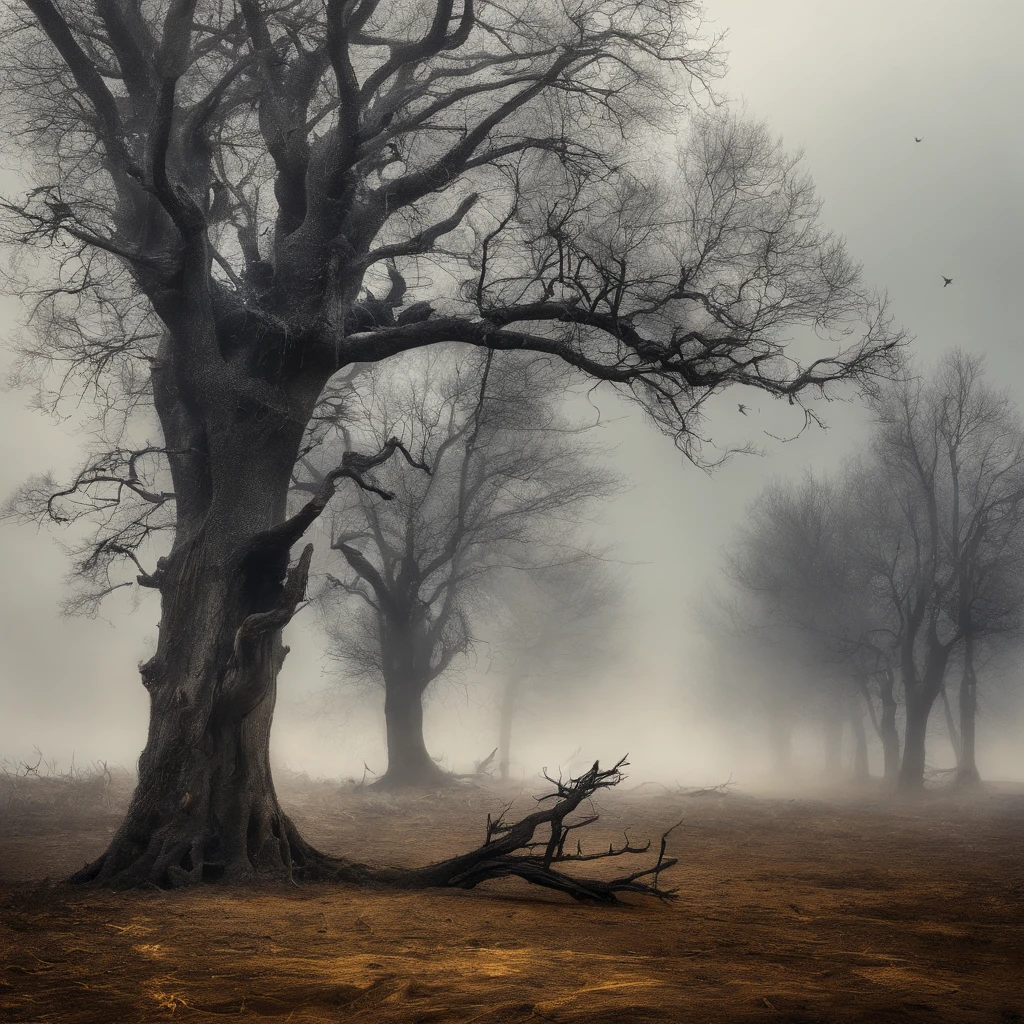 Two crows in a dead tree, varios corvos na arvore, Golden mace near them, Noite estrelada, Thick fog on the ground, Luz azul no horizonte, Motor Unreal 5, cinemactic, Low-angle photography, motion blur, proFundidade de campo, dust, Cobblestones and dirt. arte splash, pingando tinta. Perfect color classification. inFluenciado por karel Appel e jeremy mann, Full of dramatic and threatening scenes, hiper-detalhado, Beautiful, detalhes insanos, detalhes intrincados, FotograFia Editorial, FotograFado com uma lente de 50mm, proFundidade de campo, Tilt Blur, Velocidade do obturador 1/1000, F/22. Mapas de luz, super brilhante