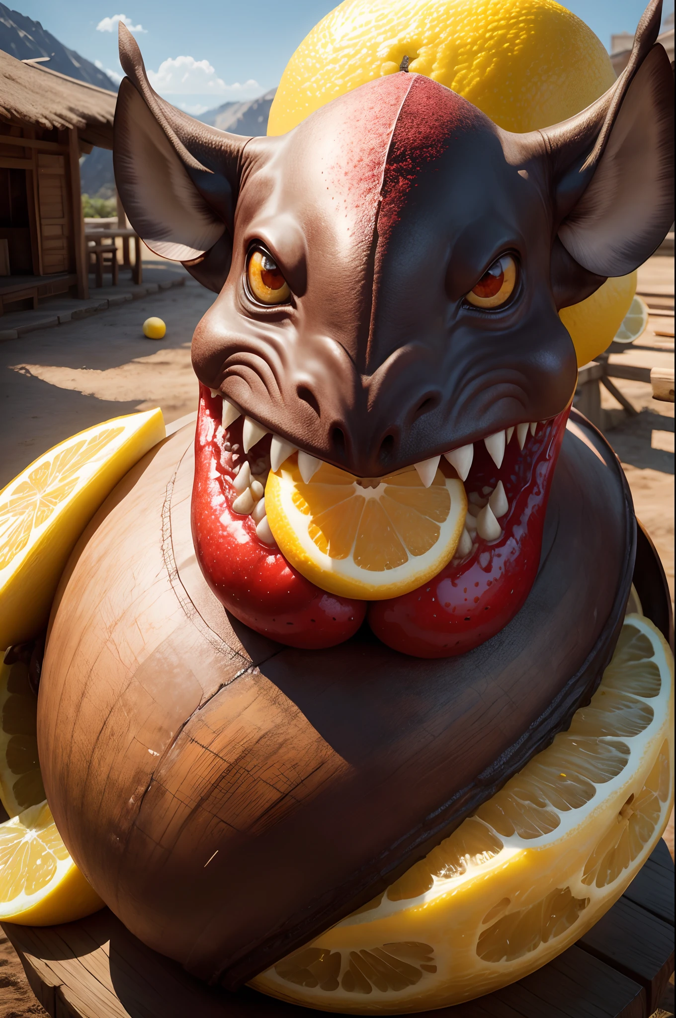 lemon, fruit, distorted face, big red gleaming eyes, mammoth tusks, village, 4k, ultra HD, ya moms left tit