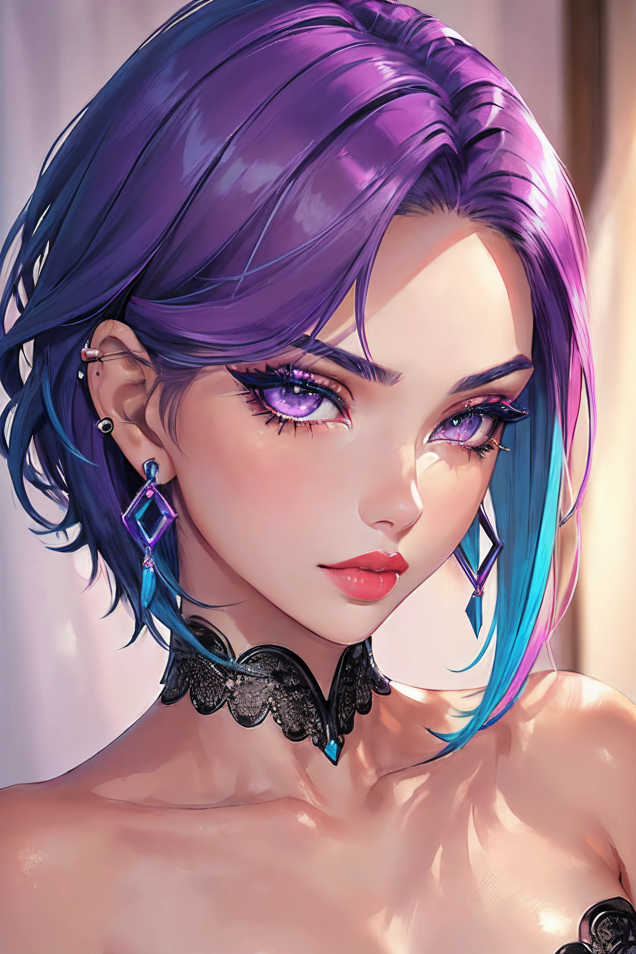 handsome girl, ((beautiful slim age girl 18 years old, hair color [glare on the hair], [Pixie Hair Cutting]), earings, lips, realisti, Narrow waist, Charming, Scarlet lipstick, Colorful make-up, long eyelashes, earings, eye liner, light skin, (pretty), (Detailed Face), A detailed eye, detailed iris