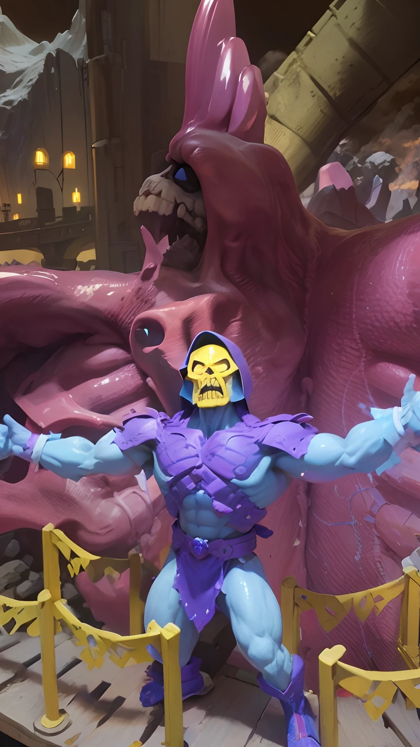 Skeletor looking up to the sky with his arms open and fire all around him. He is sanding on a bridge with a mountain face behind him.