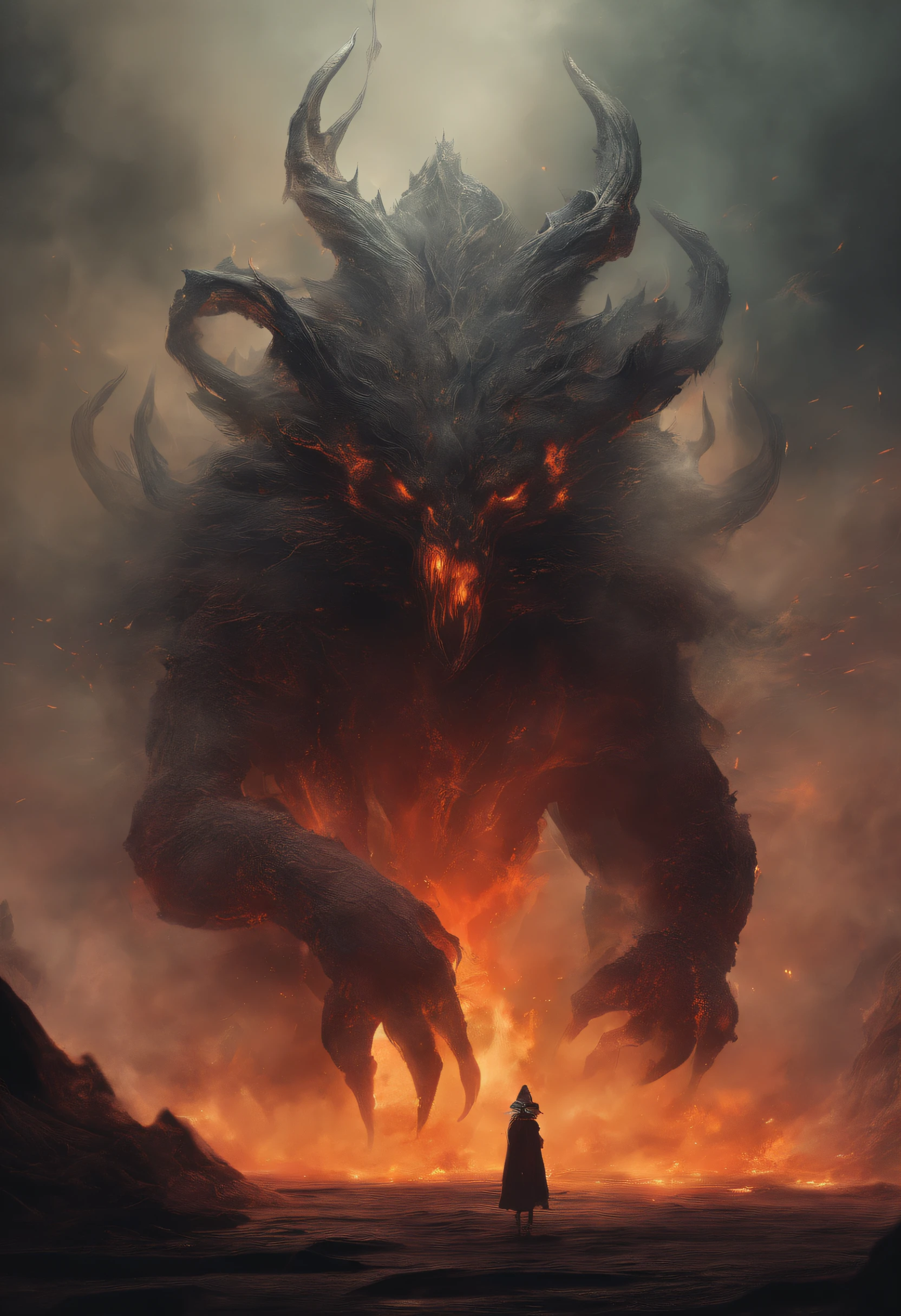 a very tall demon with lion head and goat horns and bat wings standing straight in two feet human pose, stern expression, confident pose, glowing red eyes, dark fur, goat feet, heavenly, muscular frame, a great sword plug on the ground infront of him, detailed facial features, highly detailed, photorealistic, light and shadow contract, dramatic lighting, fantasy, surreal, dark, moody, thunder sky background, white fog foreground, water reflection the ground, skulls on the ground, Powerful Movement、jump on prey、((Dynamic Jumps))