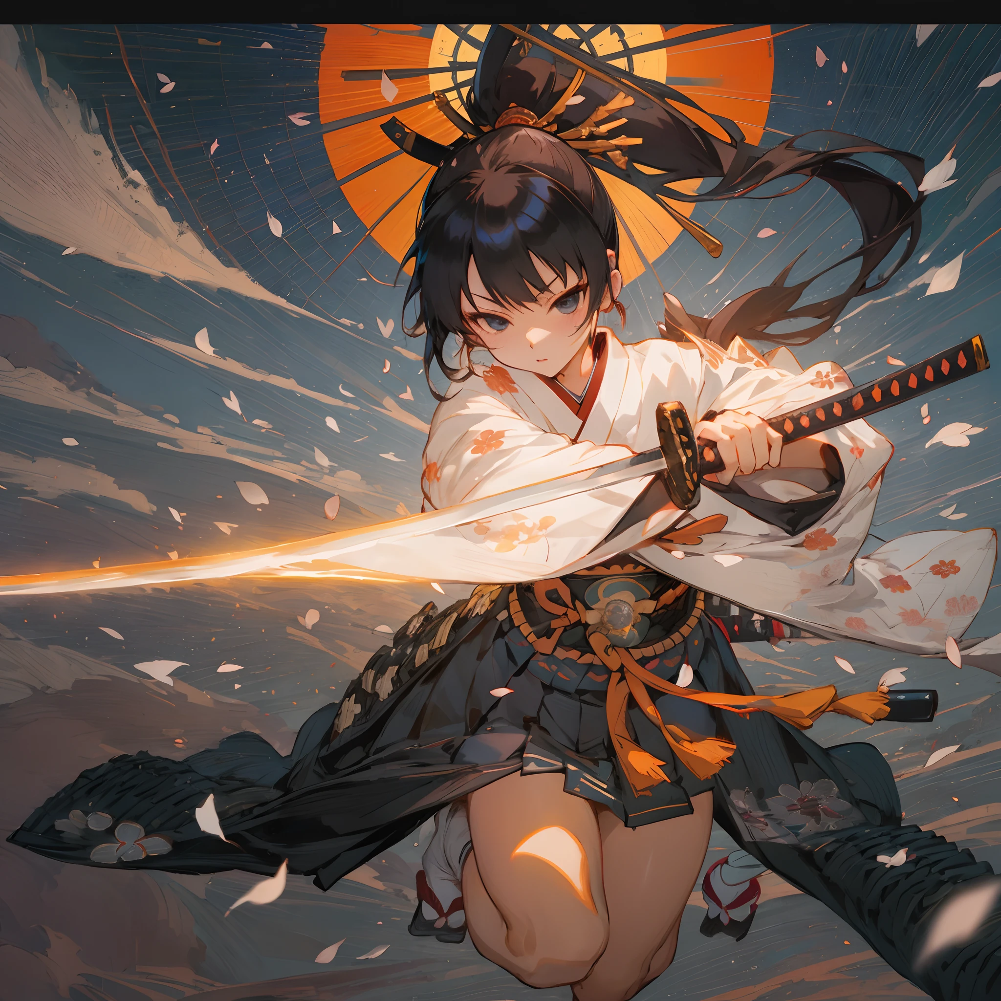 Japanimation,
(((eroge))),
Japanese scene, Japanese composition,
1female,solo,illustration,
cinematic composition,delicate composition,dynamic angle,
perfect anatomy,full body,
shrine,petals,
black hair,ponytail,blue eyes,
samurai,(Japanese armor,kusazuri,dou,kote:1.3),
weapon,katana,Blade,holding katana aimed at oppenent,
an extremely beautiful lady holds the hilt of a sword with both hands,
1 handguard,
1 katana,
black eyes,
an extremely detailed katana