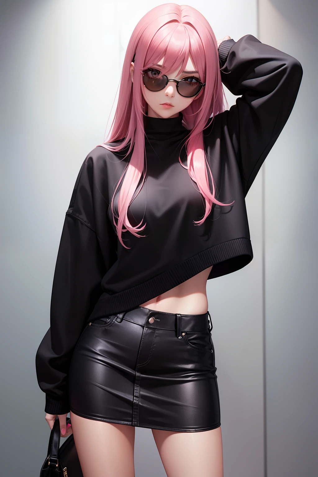 Leader of Runaway Bad Girl, Long Black Jumper, a cool、Skin Jean Miniskirt, Semi-long pink hair, Looking at the viewer, Front view,
