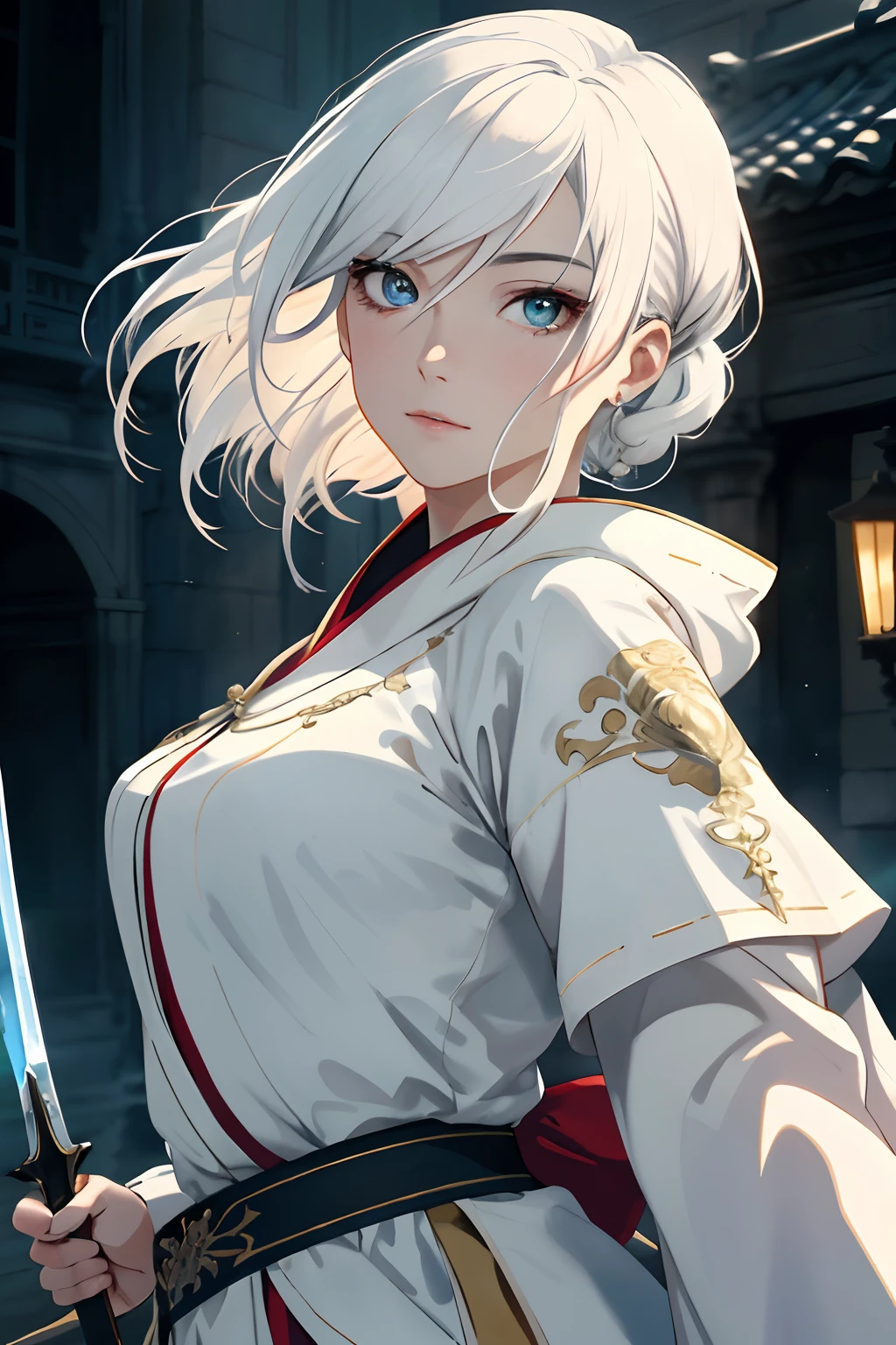 tranquille, calme, brillant, Masterpiece, Best quality,((Realstic)), High quality, Ultra detailded, ((real picture)), ((realistic skin)), ((realistic face)),(illustration:1.05), (beau:1.05), (beautiful detailed eyes:1.05), (cinematic light:1.1), corps entier,A man with a sword in a white robe, un portrait de personnage par Yang J, Tendances sur CGoncil, Art fantastique, Belle peinture de personnage, artwork in the style of guweiz, Guweiz, Hanfu blanc, Robes blanches fluides, Wuxia complet, epic exquisite character art, Stunning character art, bel assassin masculin, Highly detailed facial features, extremely beautiful , The glow of neon affects, zoomed out, corps entier, Vue large, 55 mm, beaux yeux, highly detail eyes, Bright sparkling eyes, Des pupilles brillantes,Masterpiece