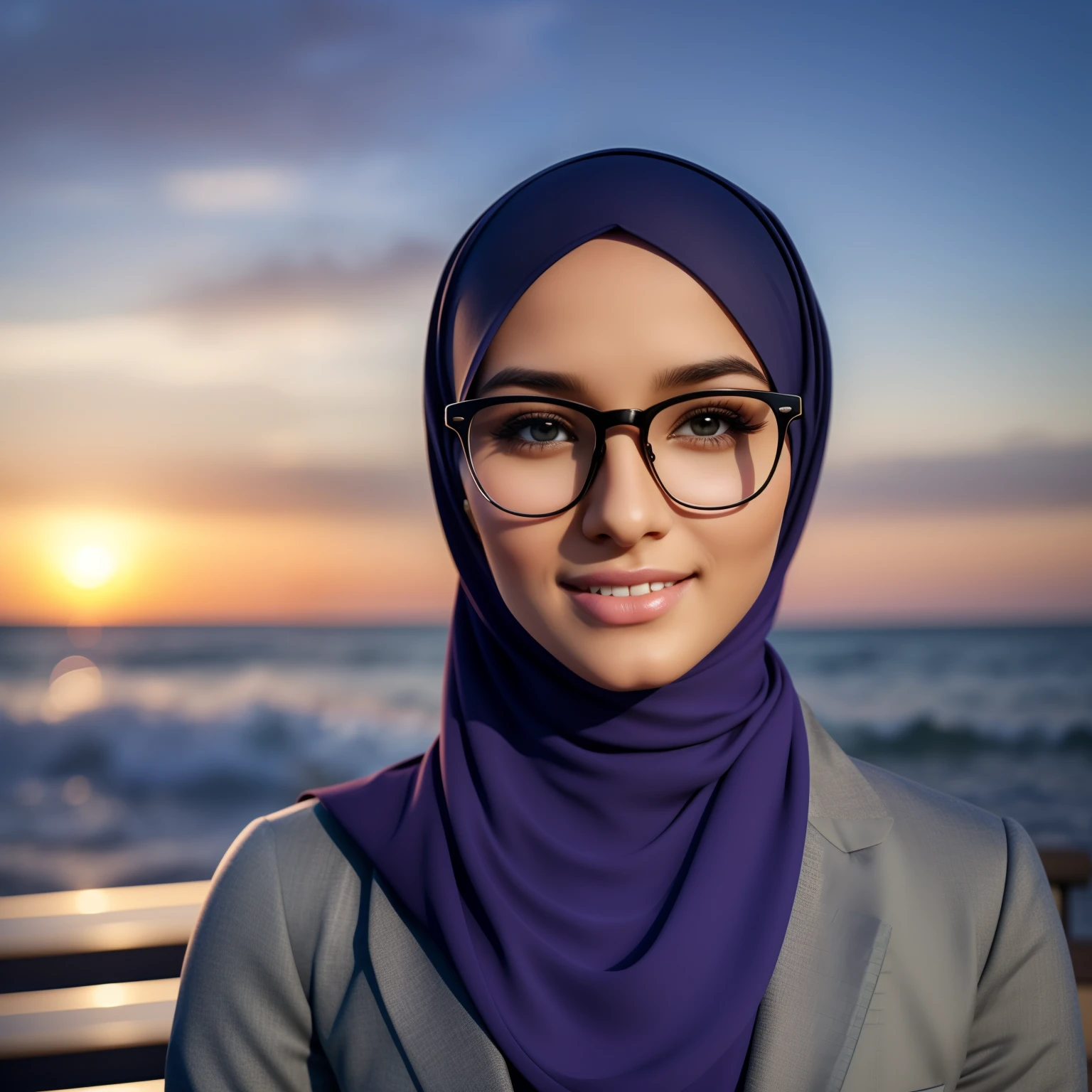 ultra realistic,16k, enhanced quality, perfect face, perfect hands, perfect body, ultra detailed, perfect hair, girl wearing glasses, perfect glasses, perfect smile, girl wearing perfect hijab, ultra realistic particles, perfect duck lips, Islamic hijab, leaning on the back of a Mercedes C-300 by the sea, ultra realistic Mercedes-Benz C300, ultra realistic sea. extra detailed information, full width and height image.