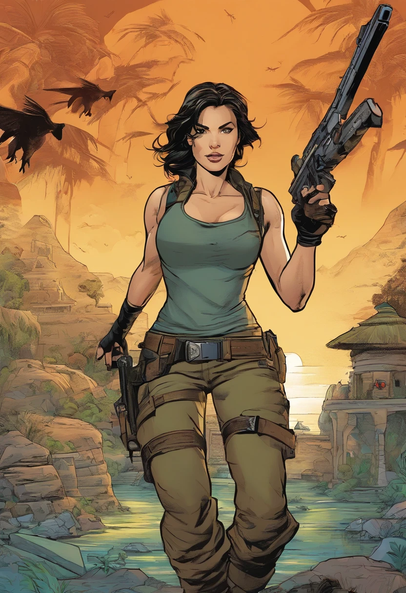 Femme Colombienne, cheveux long noir corbeau , Lara Croft Tomb Rider, Treasure Hunter