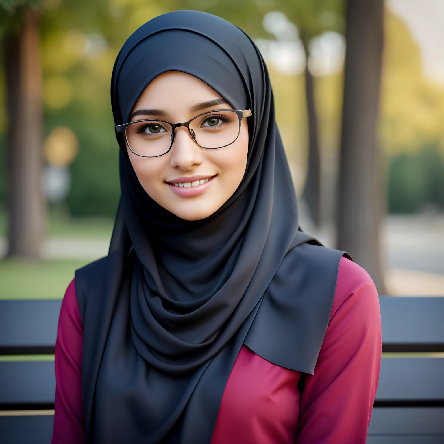 ultra realistic,16k, enhanced quality, perfect face, perfect hands, perfect body, ultra detailed,1girl, perfect hair, girl wearing glasses, perfect glasses, perfect smile, ultra realistic, ultra realistic background, sitting on a bench, ultra realistic girl wearing perfect hijab, ultra realistic particles, perfect duck lips, Islamic hijab.
