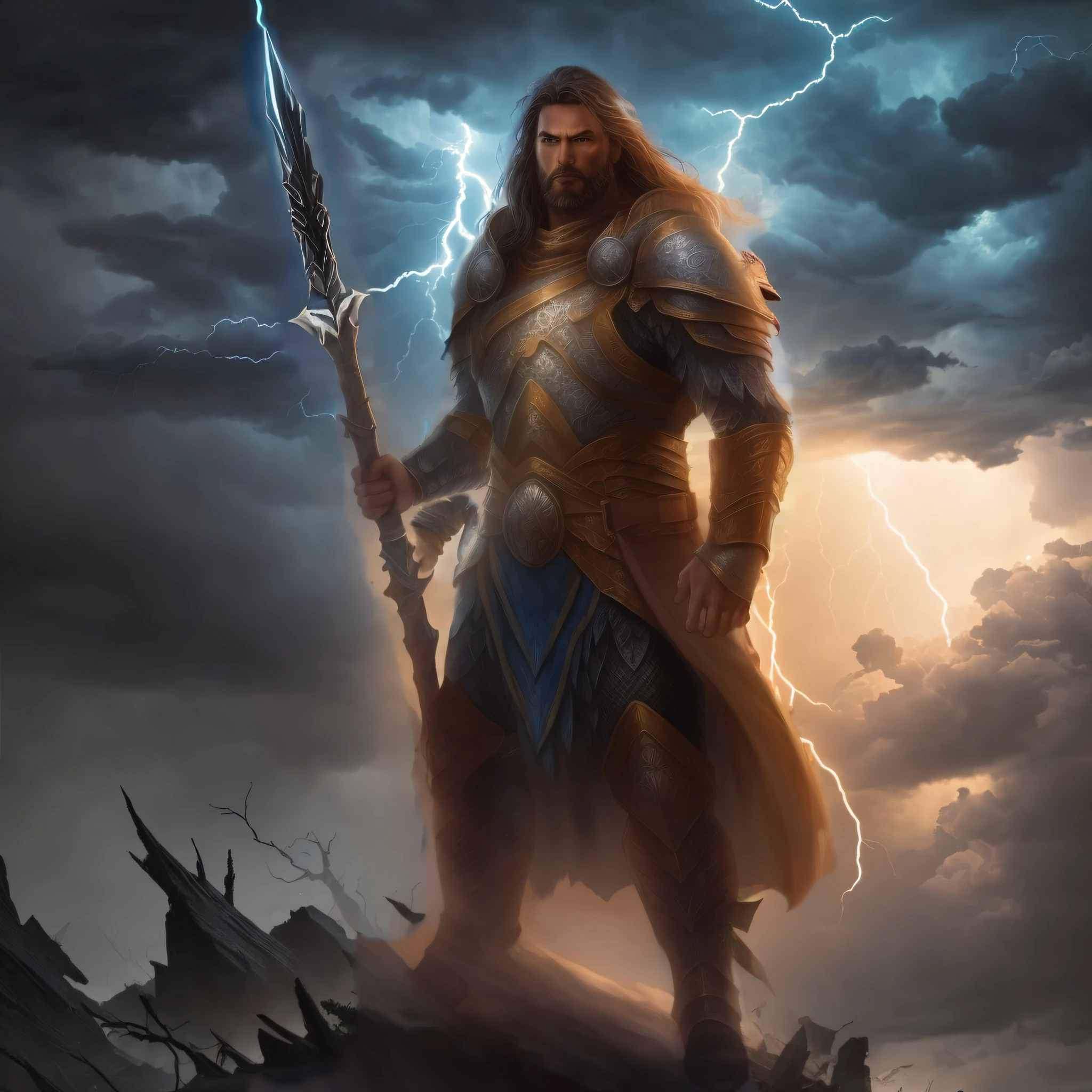 Make it as if the character is imposing his will on the storm with lightning behind them.