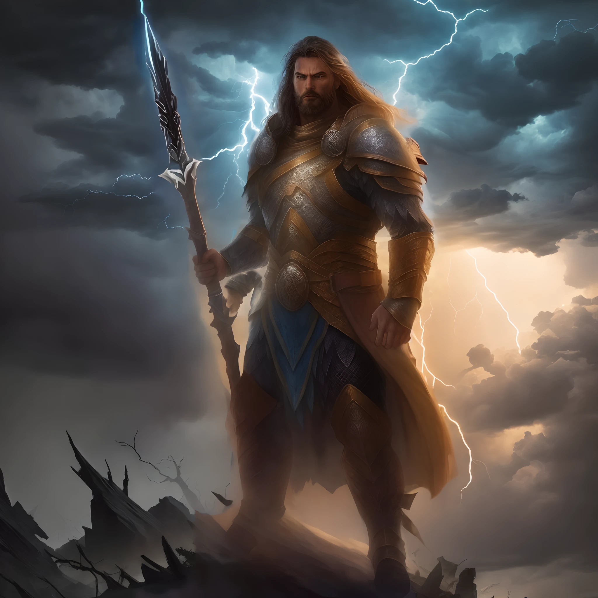 Make it as if the character is imposing his will on the storm with lightning behind them.