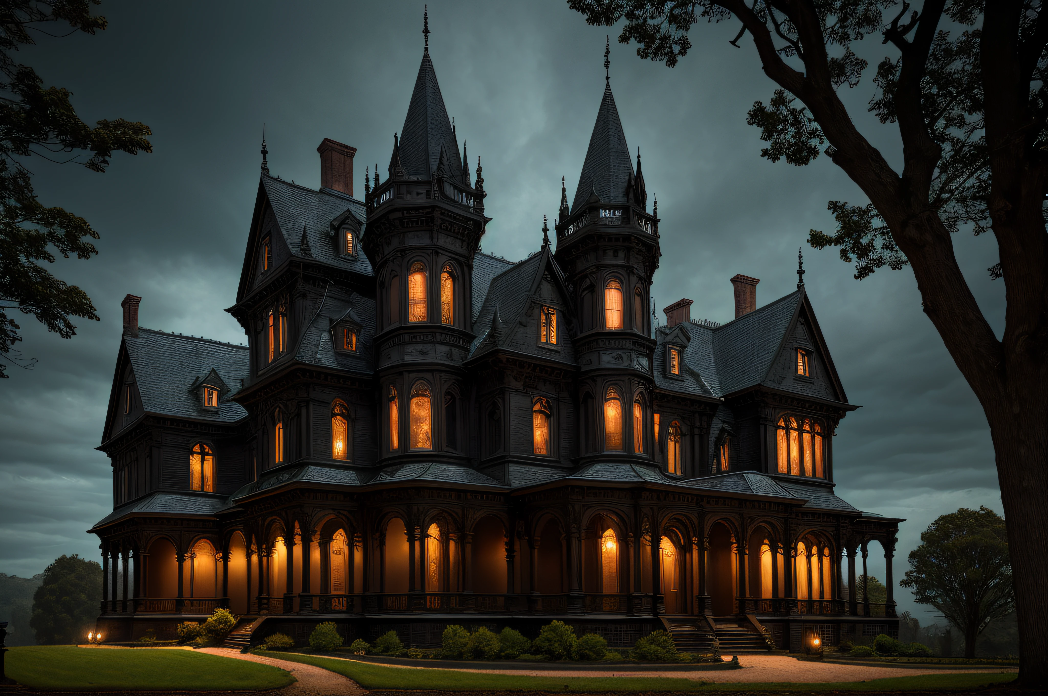 A gothic horror house, created with HDR technology, exuding a photorealistic and masterpiece-quality appearance. The color palette is dominated by deep, rich tones, enhancing the atmospheric ambiance. The lighting is carefully arranged to cast dramatic shadows and highlights, contributing to the overall eerie effect. This depiction aims to capture the essence of Gothic horror, combining cutting-edge technology with a haunting aesthetic.