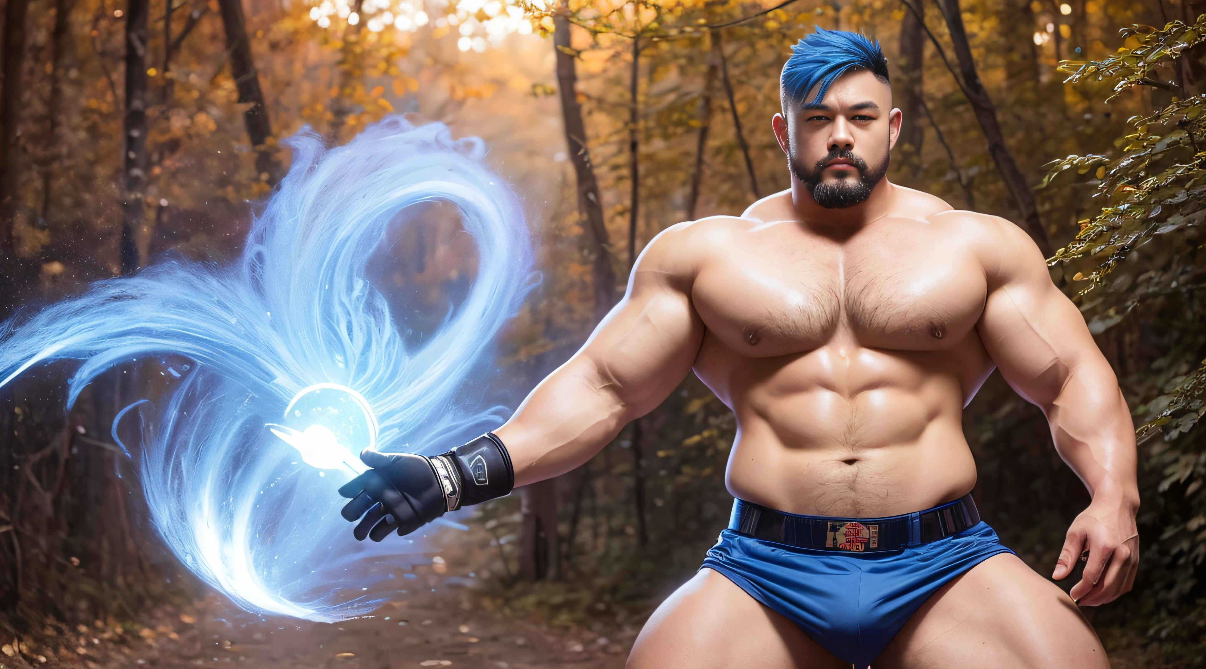 A Chinese firefighter，lightblue hair, short detailed hair，parted lip, Lips, In the autumn woods，Sunset lights, Short beard perfect figure with tattoos, Very huge and strong body, Bulging muscles, musculous, Very large pectoral muscles，Very sexy abs，The legs are muscular，Tall and mighty，Exposed Body，Tall and burly，toned figure，Huge raised genital area，Brightens oily skin，Muscular。