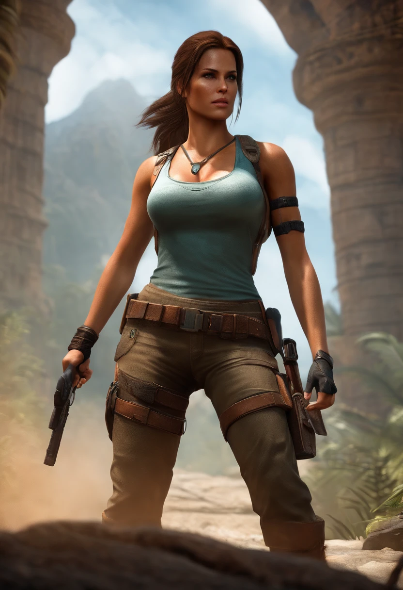 Lara Croft, (Best quality, 4k, Masterpiece, sweat, nipples), muscular thighs, ideal body, giant breasts, shorts, detailed fingers, beautiful hands, hyper-realistic