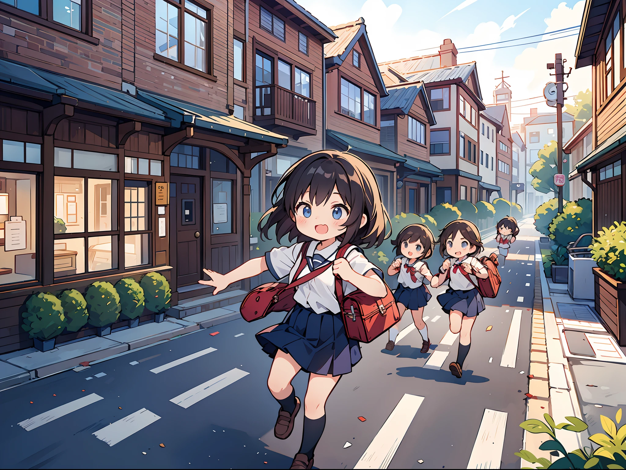 Girl joins her friends on her way to school in the morning. Running up to the girl while greeting good morning and cheerfully. students carrying school bags. Streets near the school. Several houses lined up、Among them, performances can be seen in the distance. I can see several other elementary schoolo school.. ultra-detailliert. Colorful. high-level image quality.
