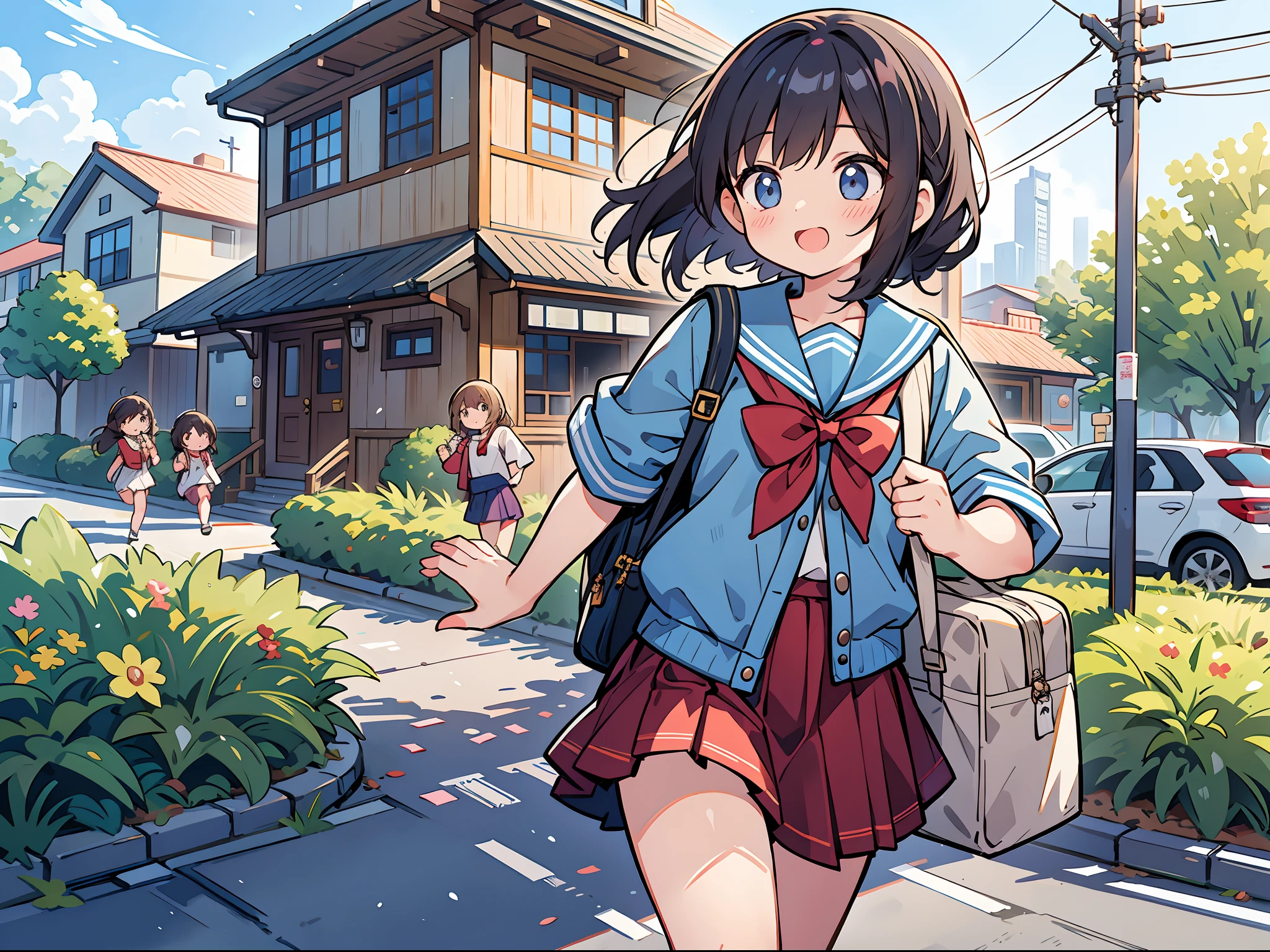 ((a boy)), gay, short, ((cross-dressing)), femboy, (((very long hair))), (brown hair: 1.5), (brown eyes: 1.4), big thighs, curvy, juicy, dummy thicc, (model boy), ((blue and white female Japanese school uniform)), going to school, centered