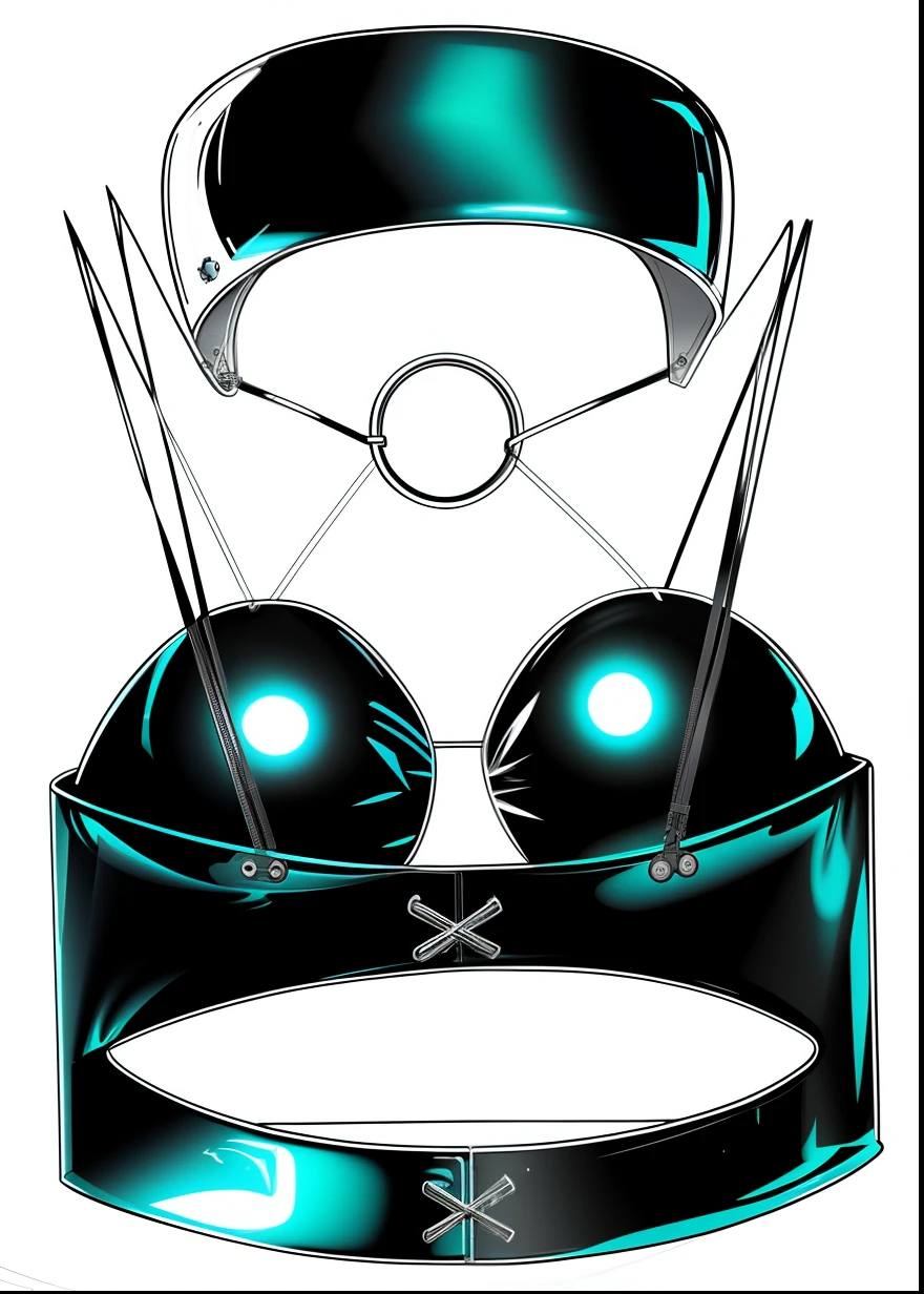 There is a black bra,There are two metal straps and a pair of scissors on it, black corset, Glossy black shiny lingerie, black undersuit, inspired by Hans Bellmer, moebius style, full-colour illustration, Detailed line draft,Black tick line,bikini armor, in a mixed style of æon flux, Metal bikini, inspired by Jeff Koons, electronic bikini, blue bikini, Concept illustration, Cyan corset