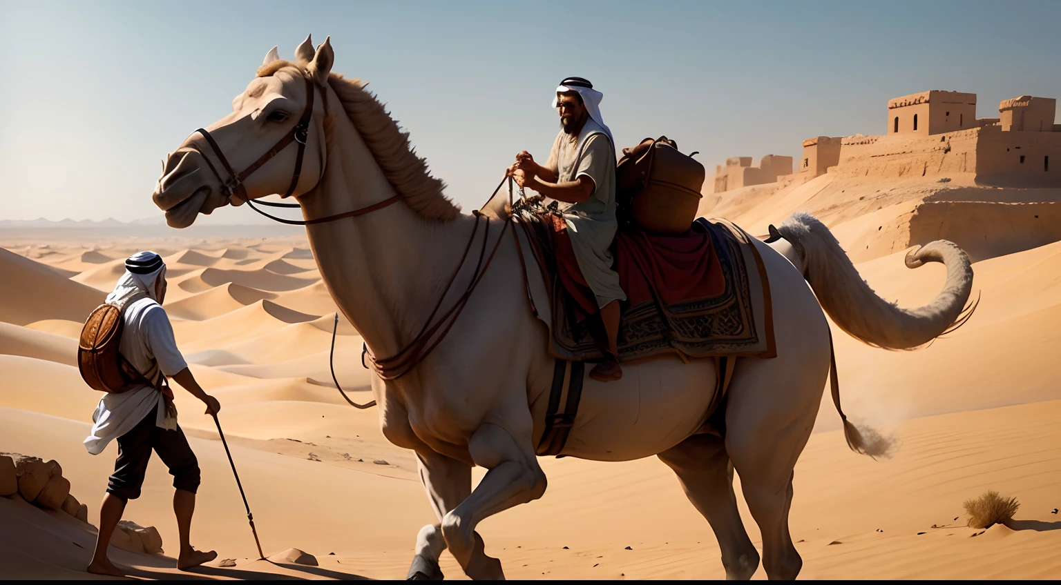 Arab merchant, in an ancient time, walking calmly on his camel, in the Arabian desert